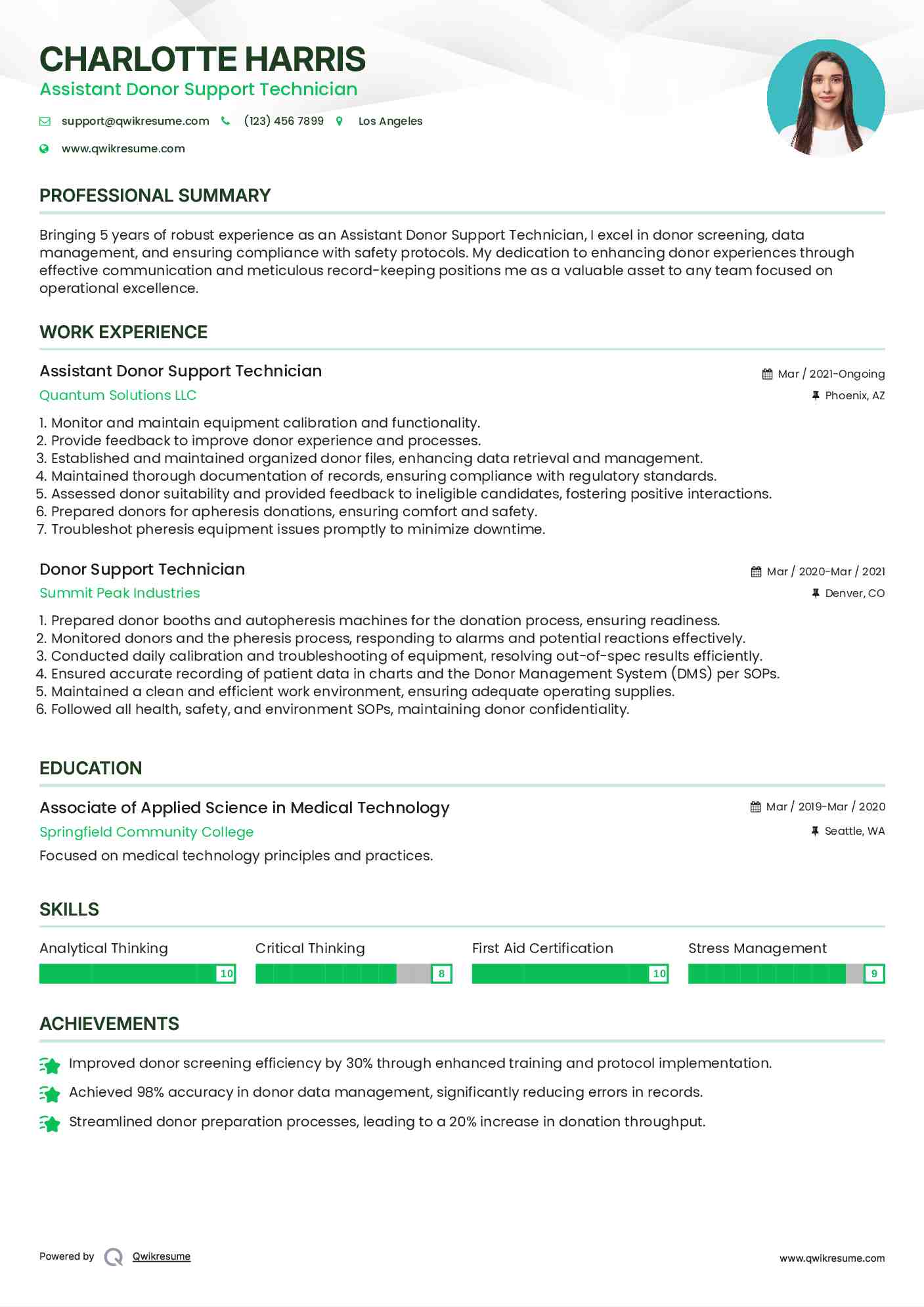Assistant Donor Support Technician Resume Sample
