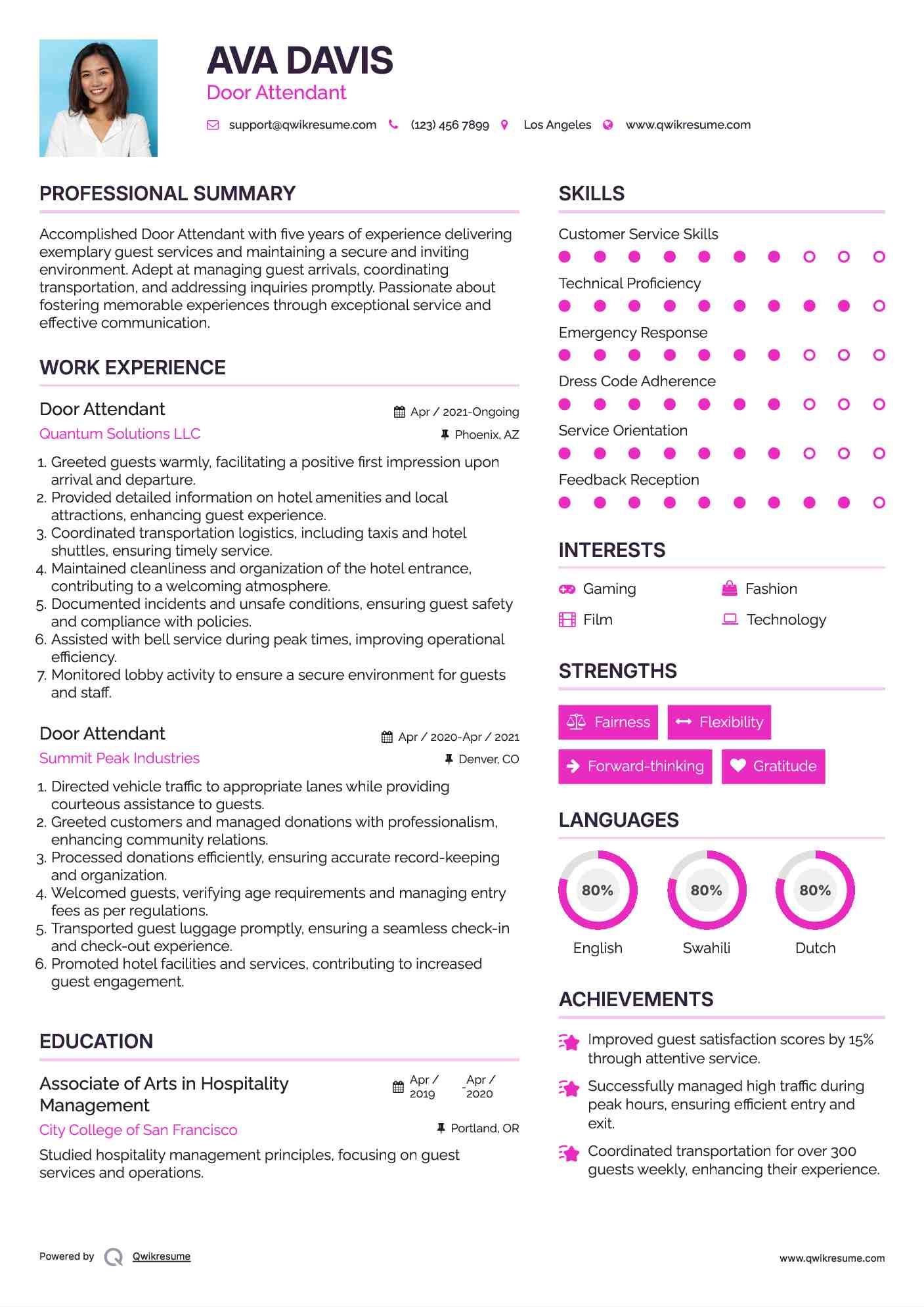 Door Attendant Resume Example