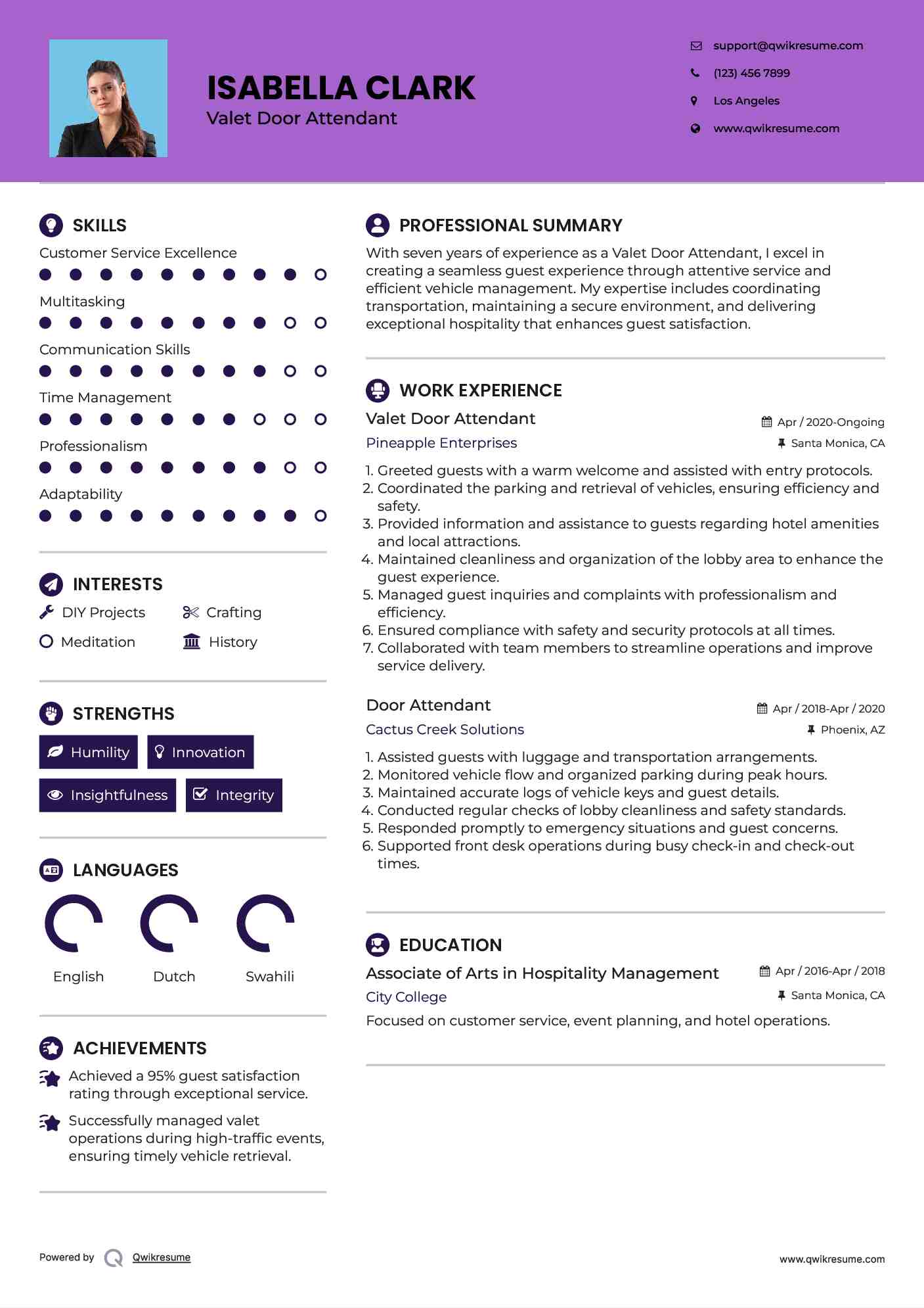 Valet Door Attendant Resume Template