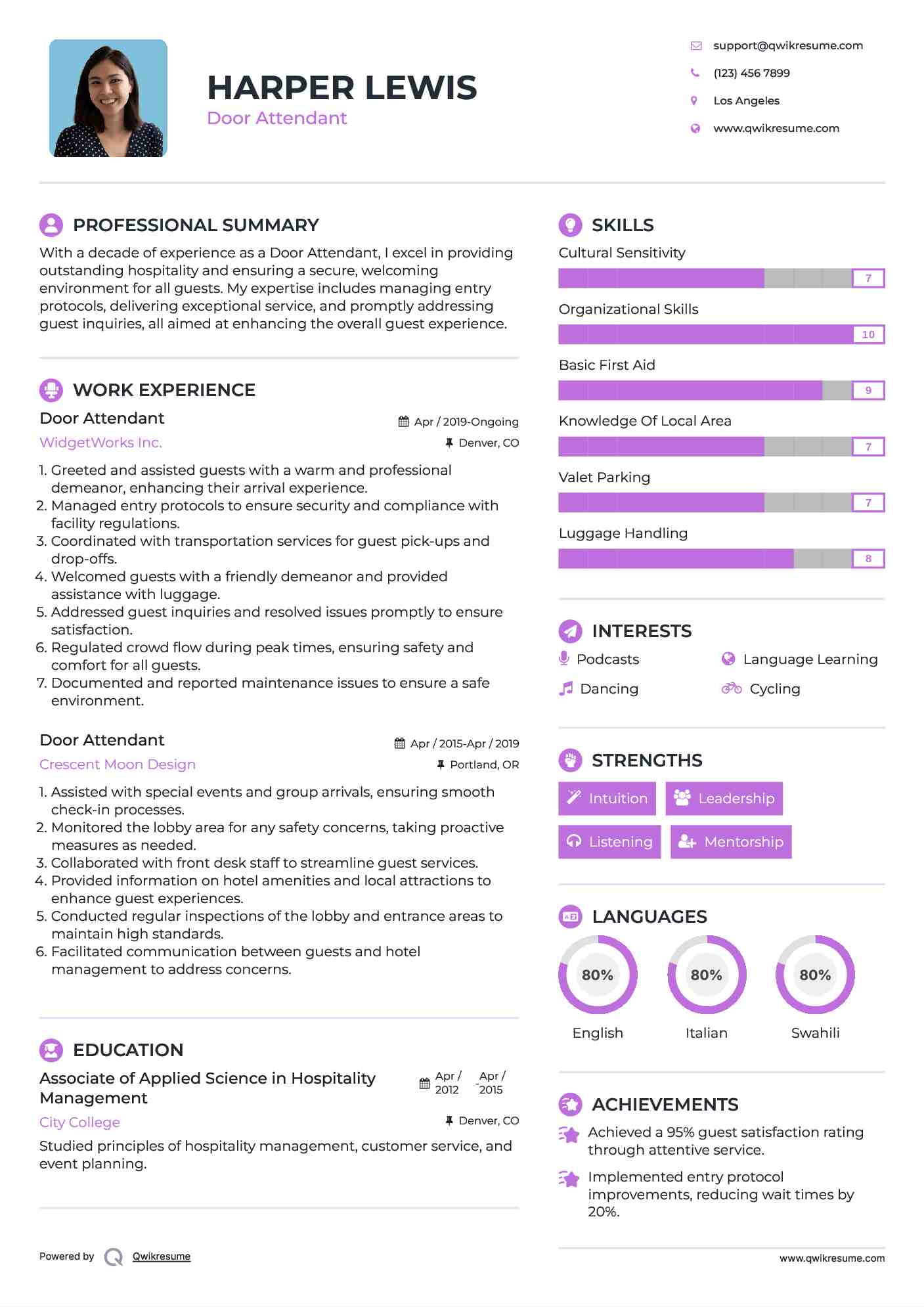 Door Attendant Resume Example
