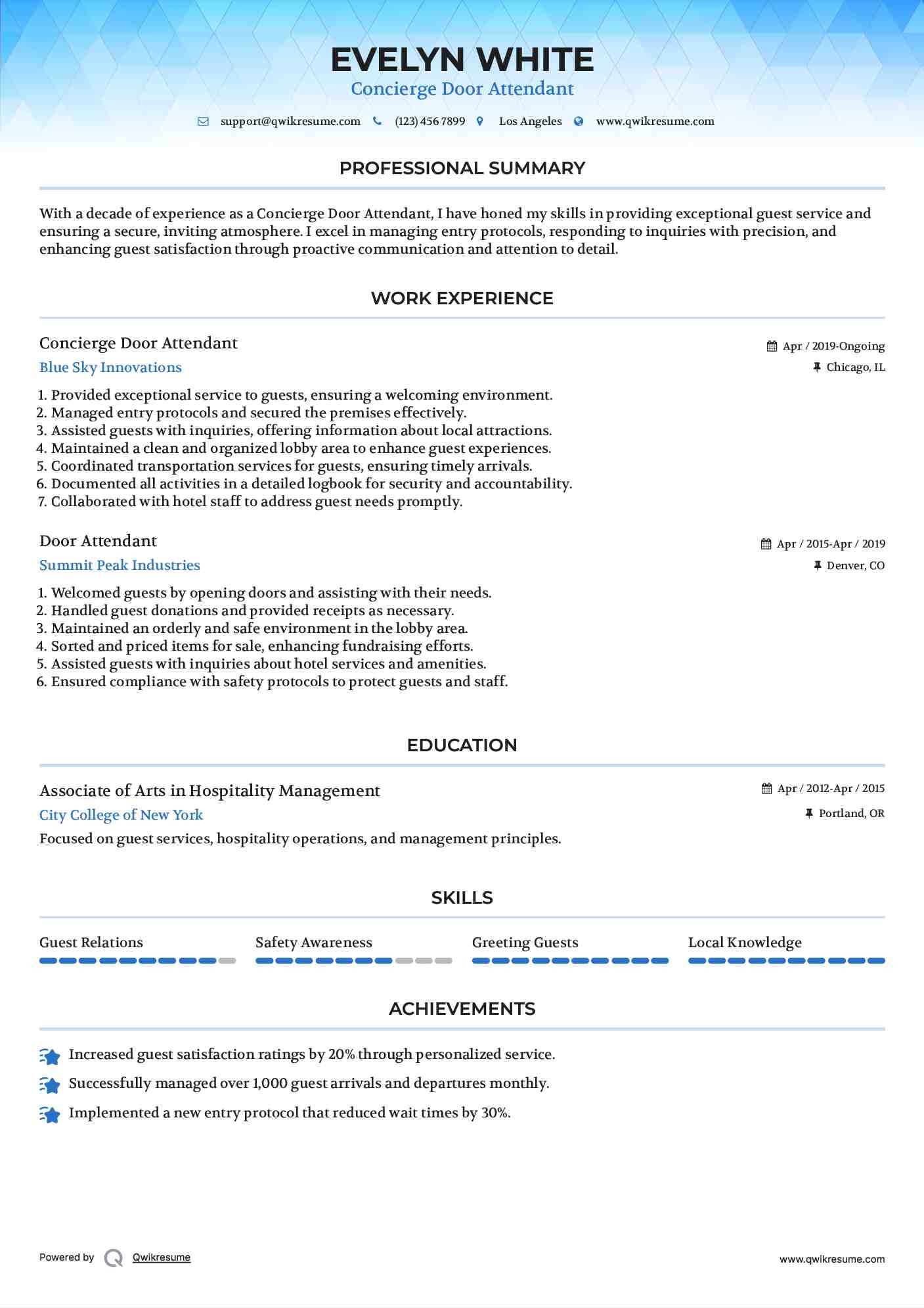 Concierge Door Attendant Resume Model