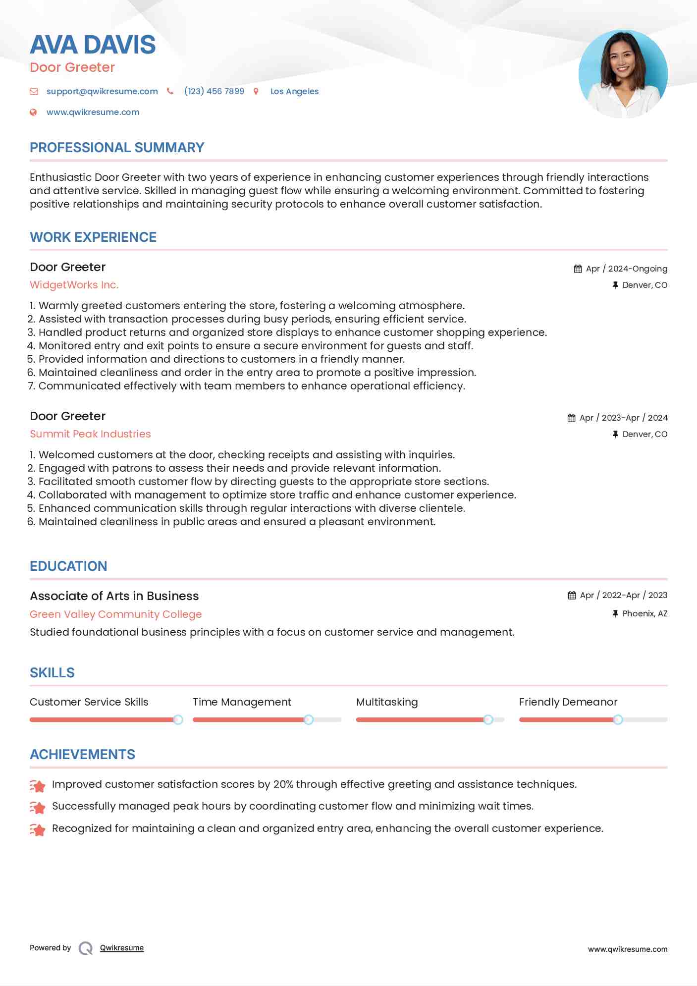 Door Greeter Resume Example