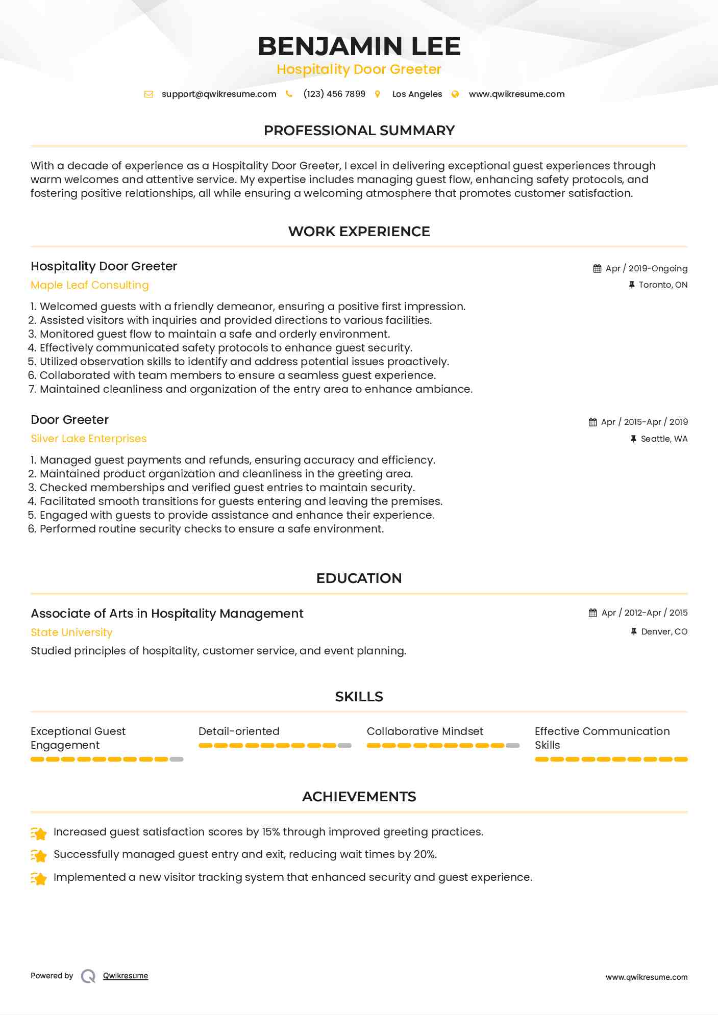 Hospitality Door Greeter Resume Template