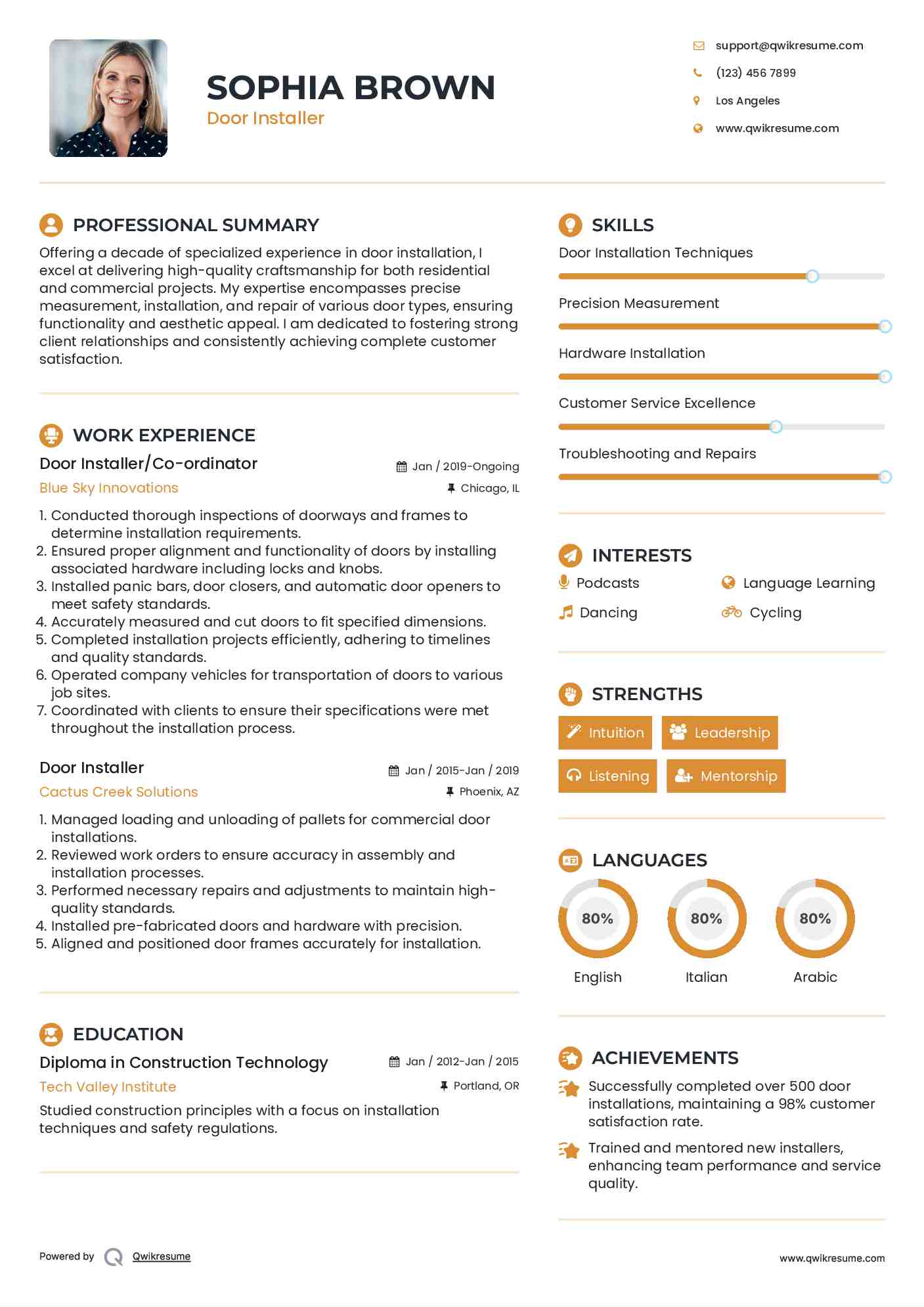 Door Installer/Co-ordinator Resume Format