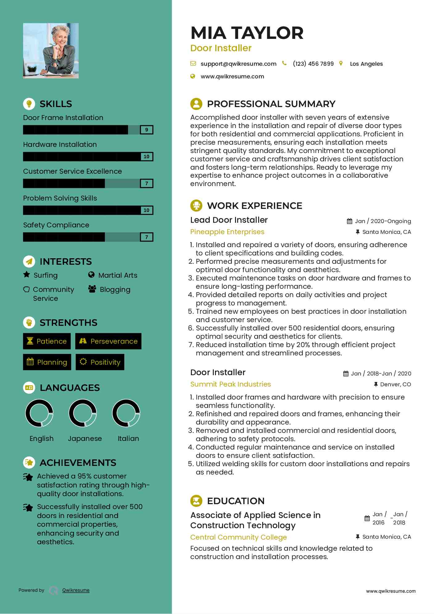 Lead Door Installer Resume Sample