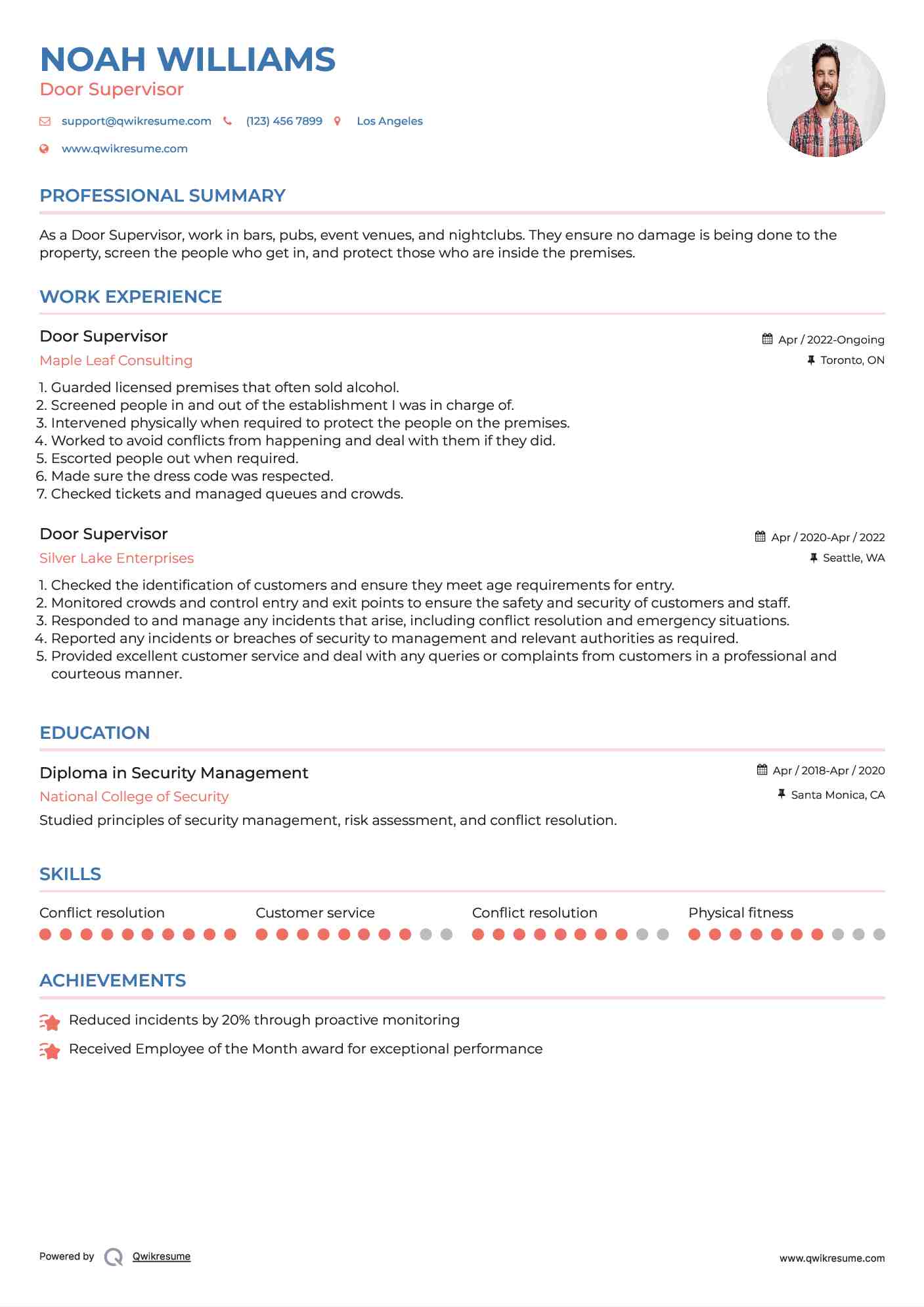 Door Supervisor Resume Sample