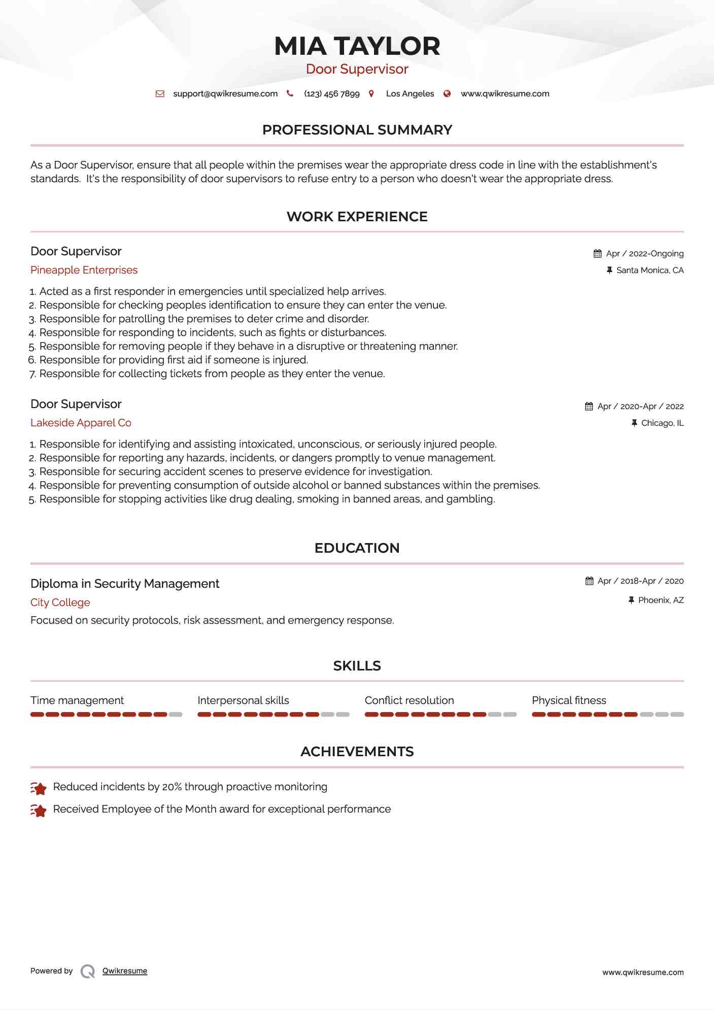 Door Supervisor Resume Template