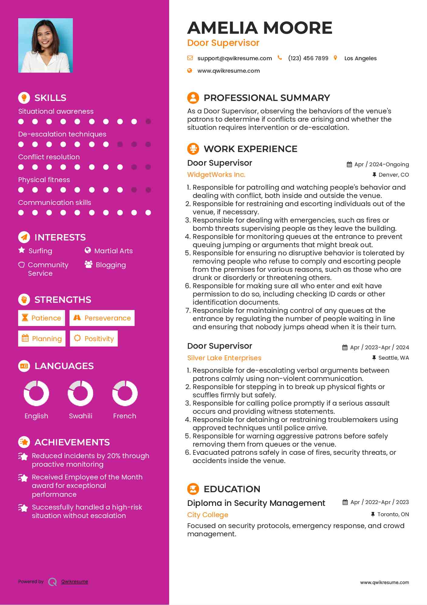 Door Supervisor Resume Example