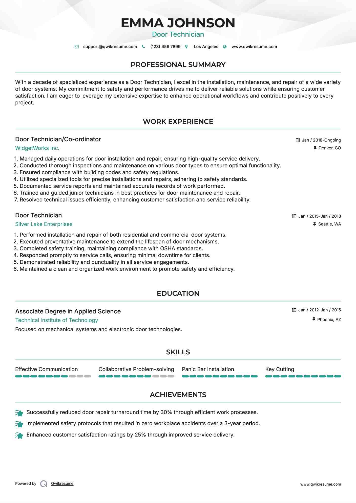 Door Technician/Co-ordinator Resume Format