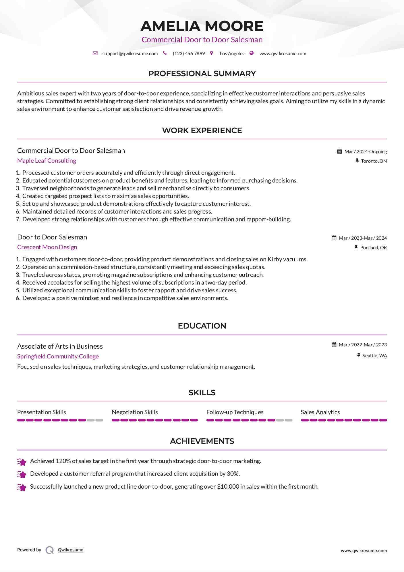 Commercial Door to Door Salesman Resume Model