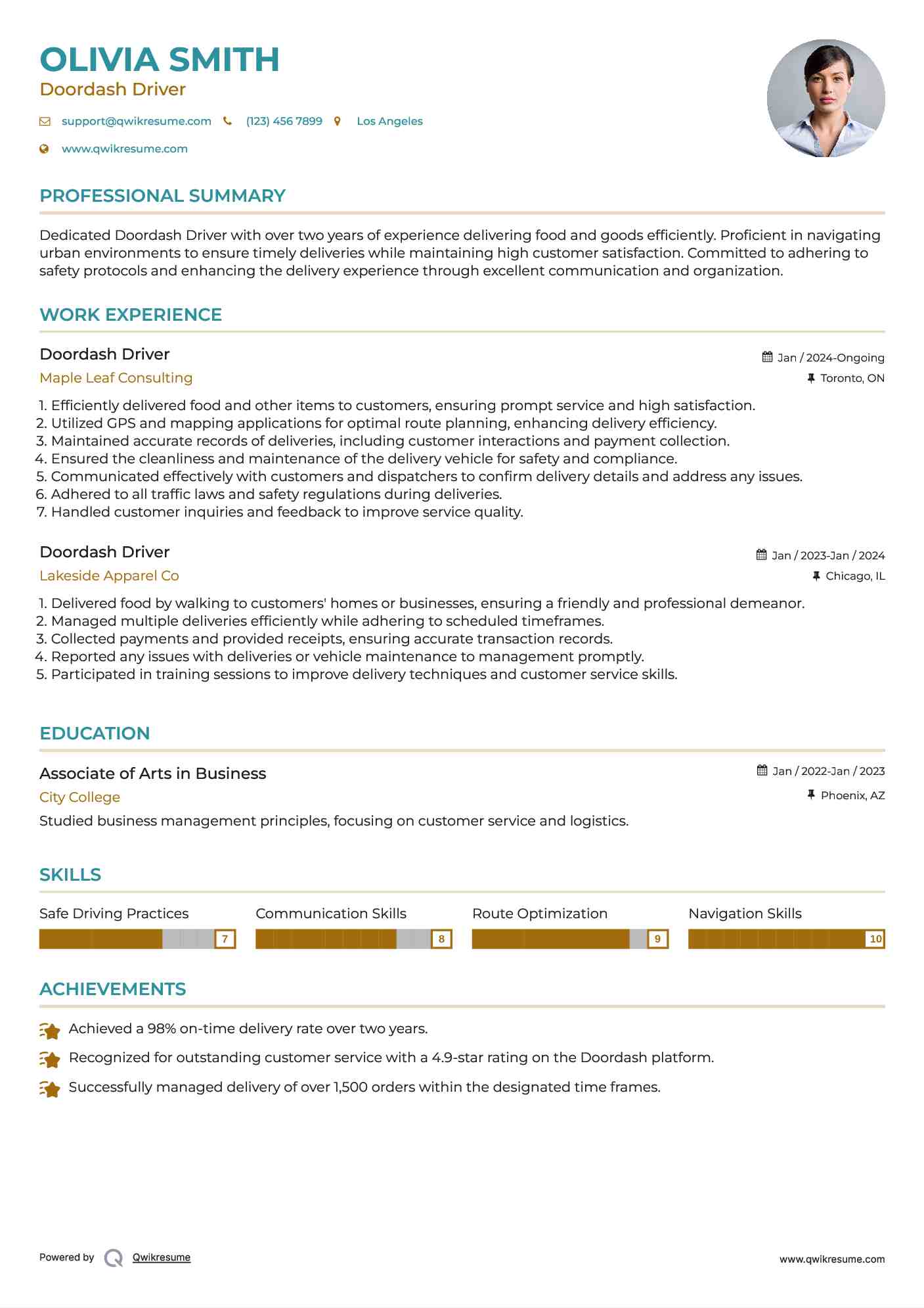 Doordash Driver Resume Example
