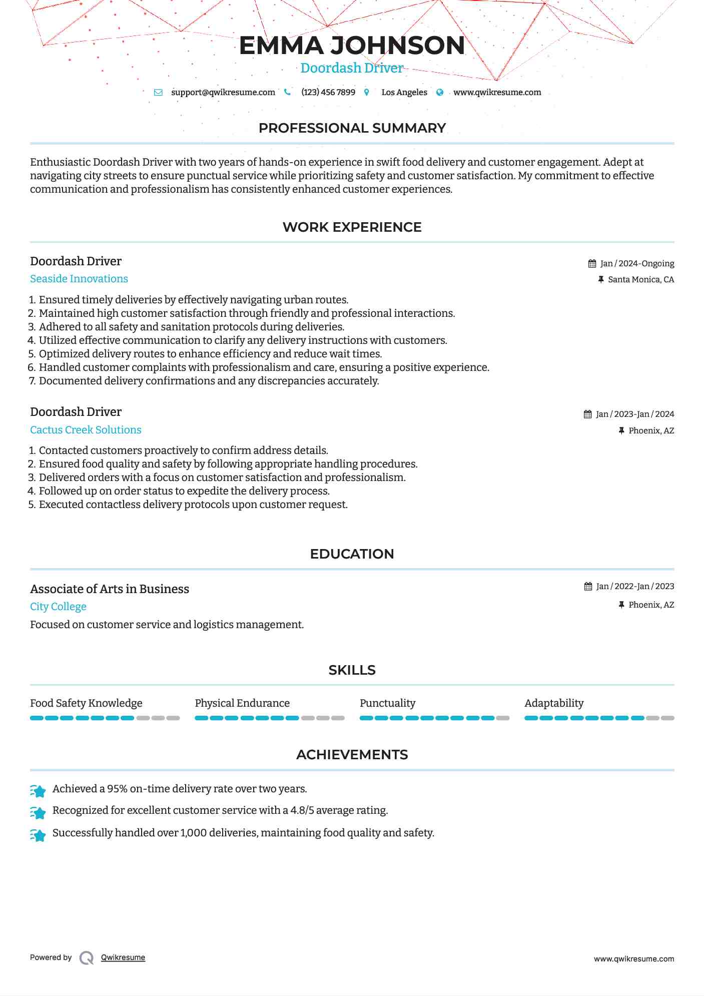 Doordash Driver Resume Format