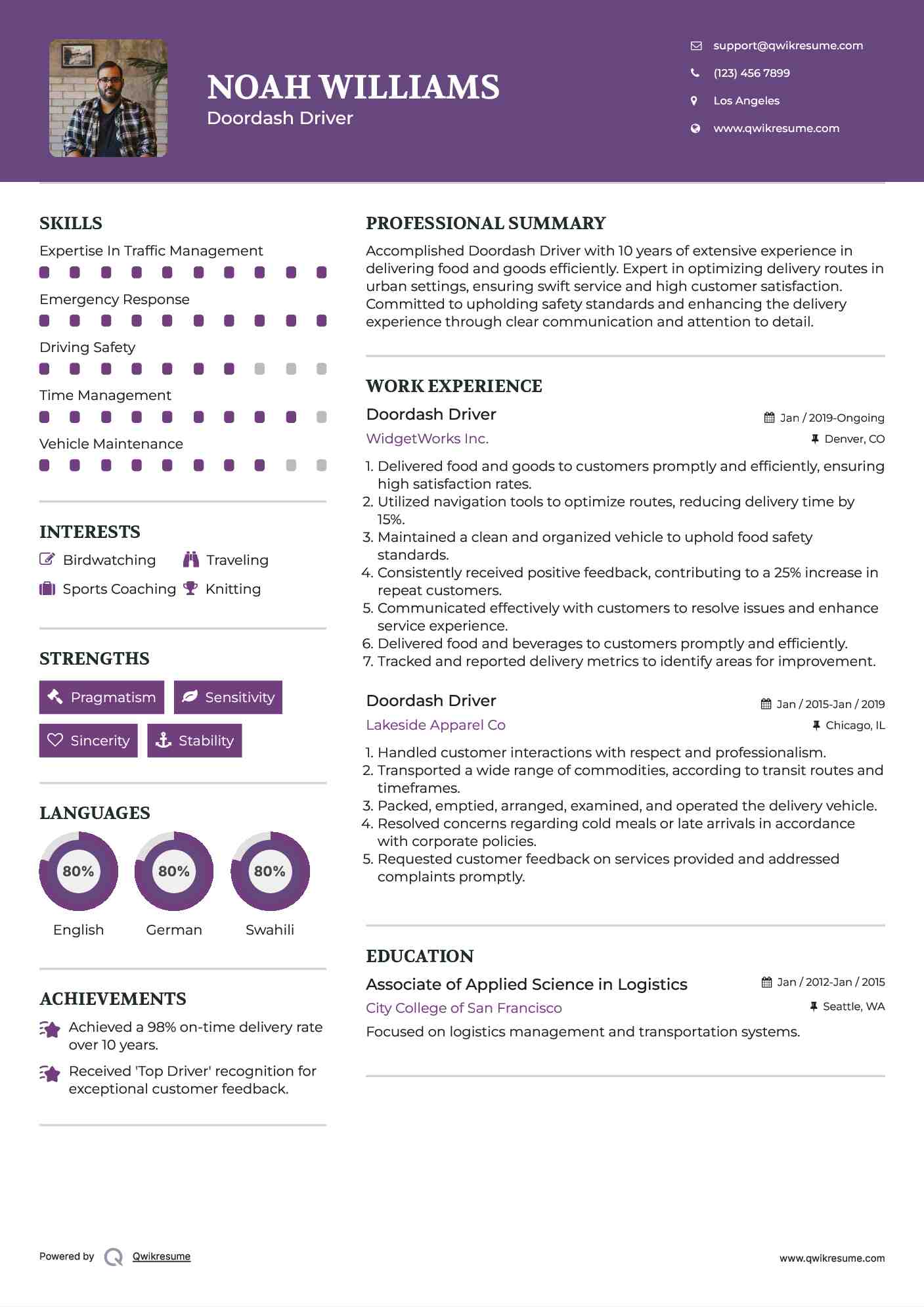 Doordash Driver Resume Template
