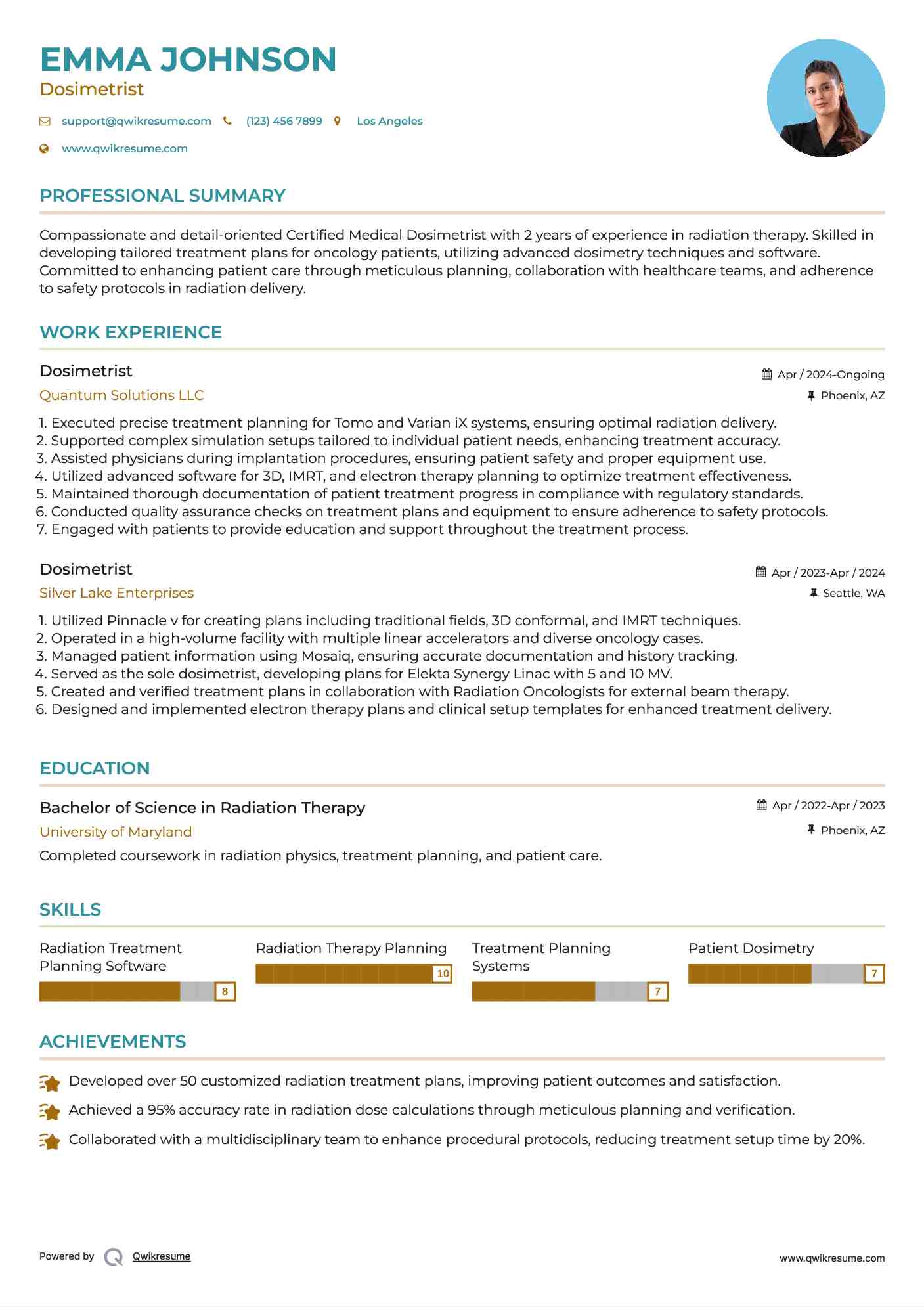 Dosimetrist Resume Example