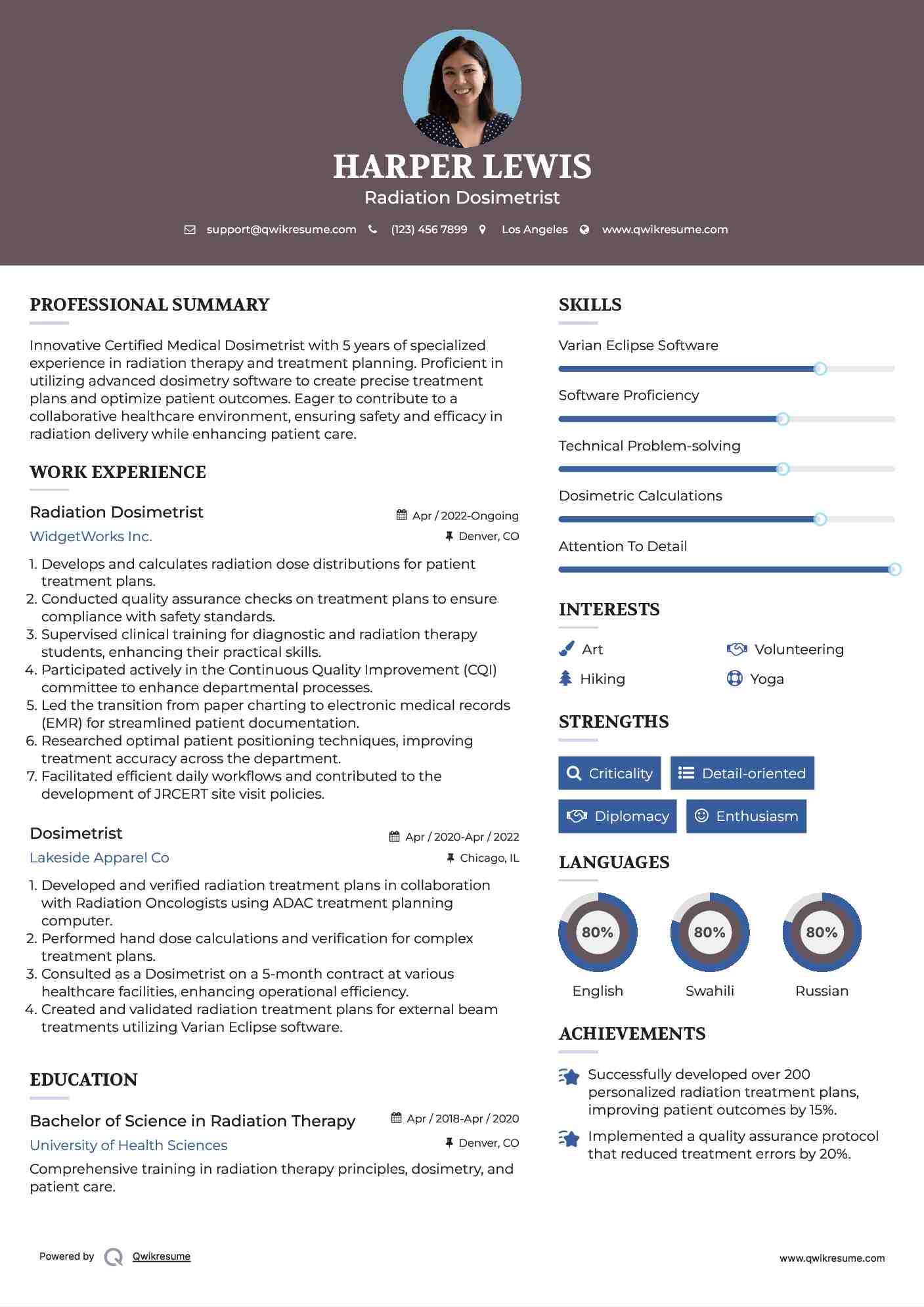 Radiation Dosimetrist Resume Format