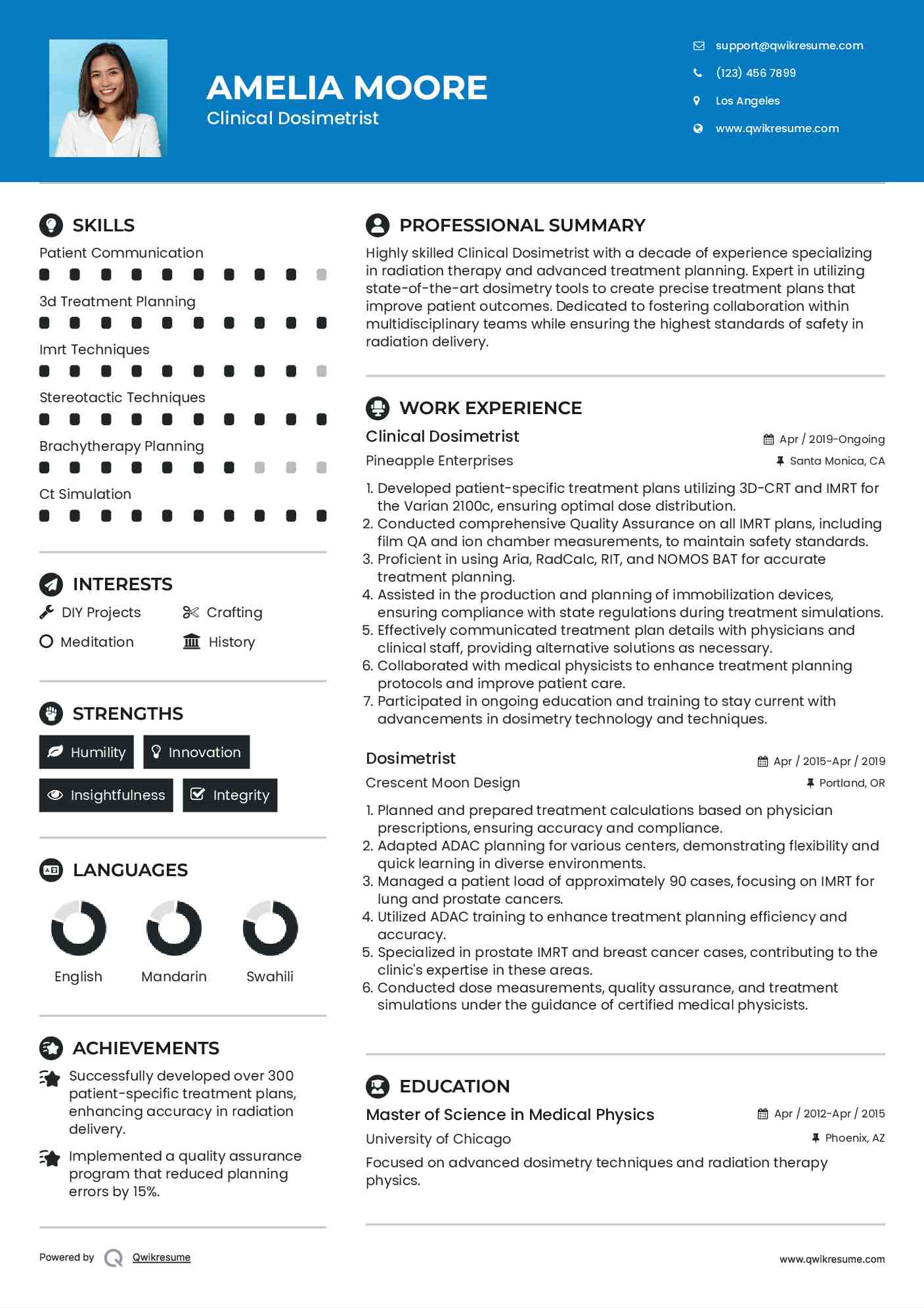 Clinical Dosimetrist Resume Format