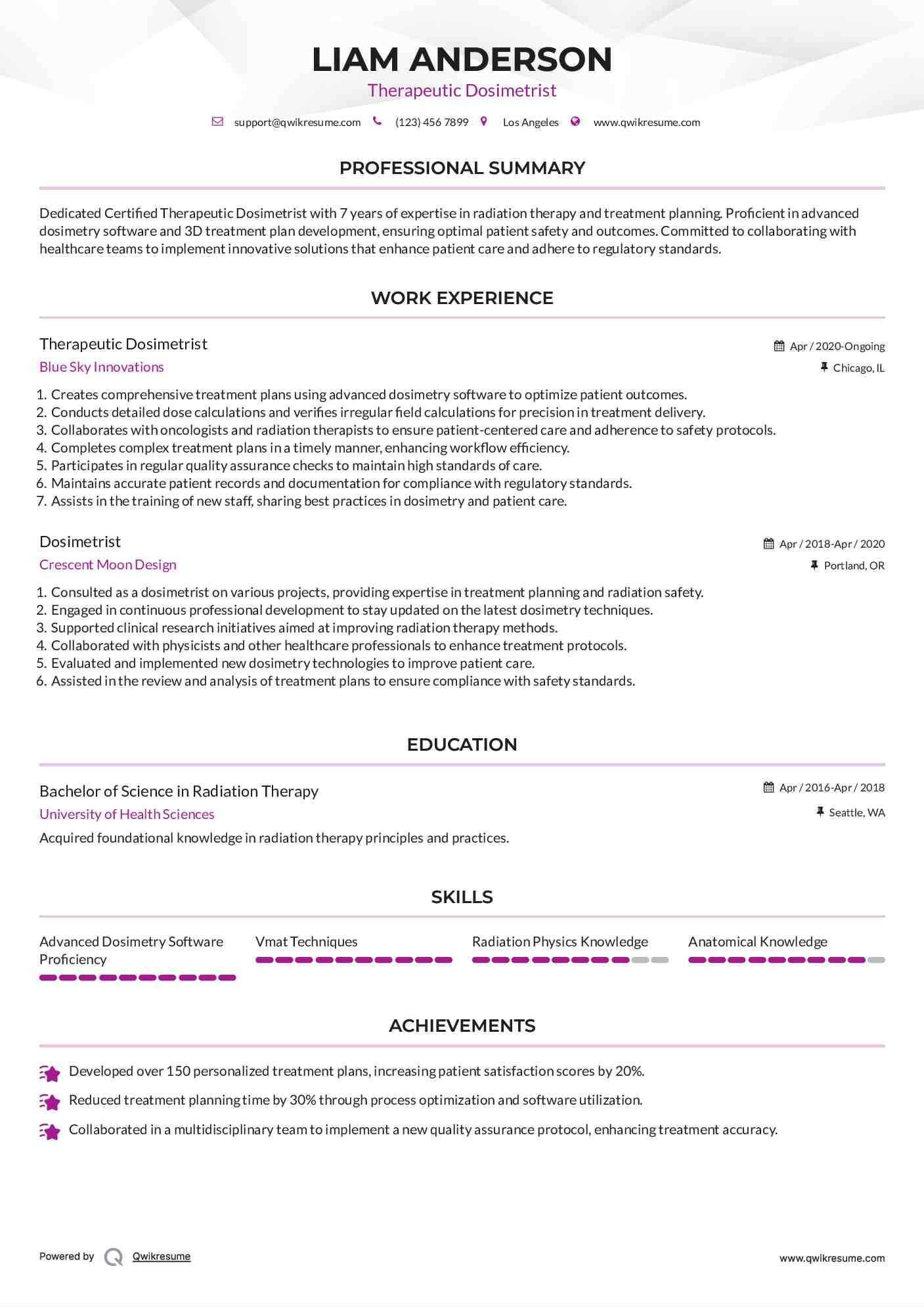 Therapeutic Dosimetrist Resume Model