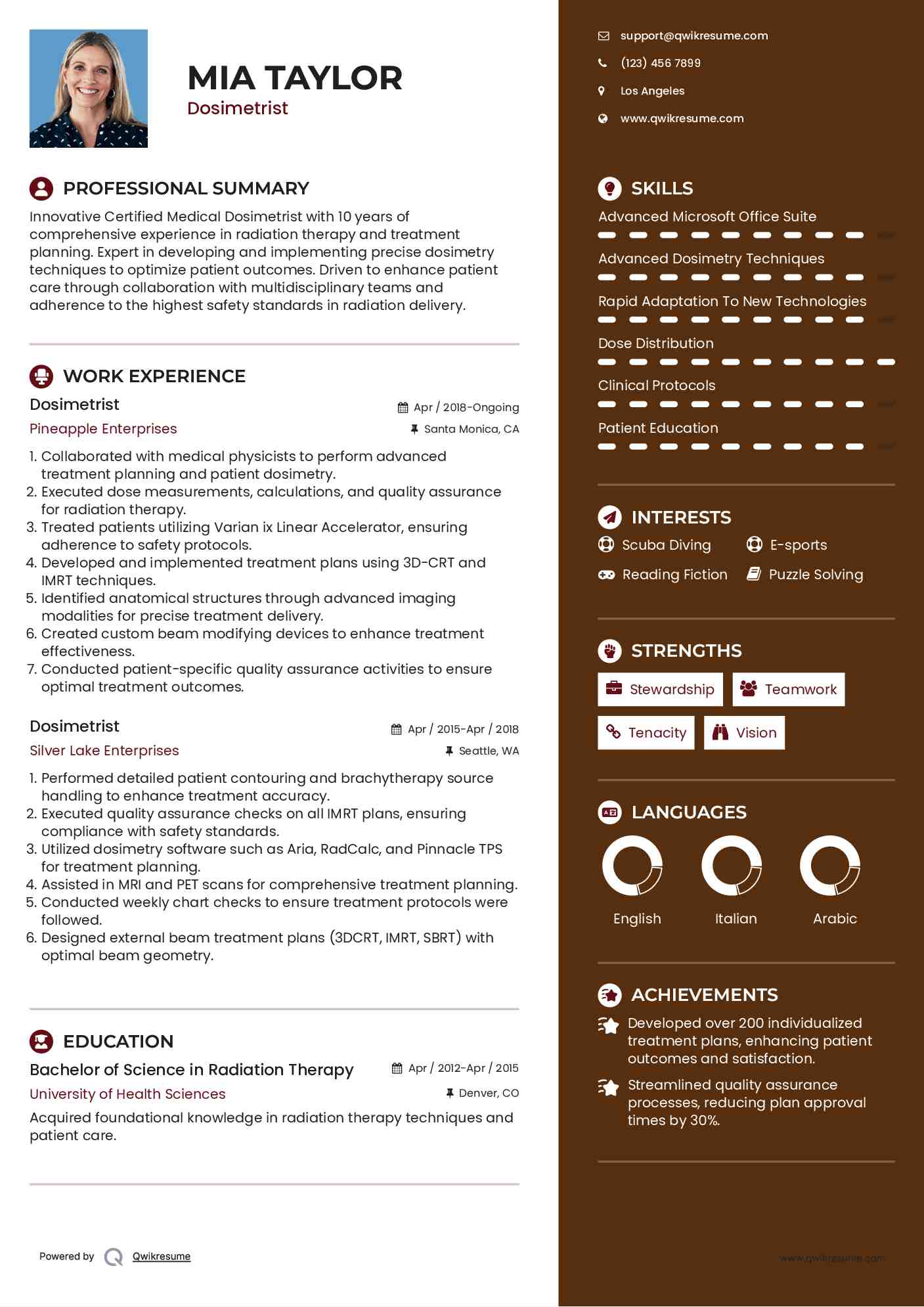Dosimetrist Resume Template