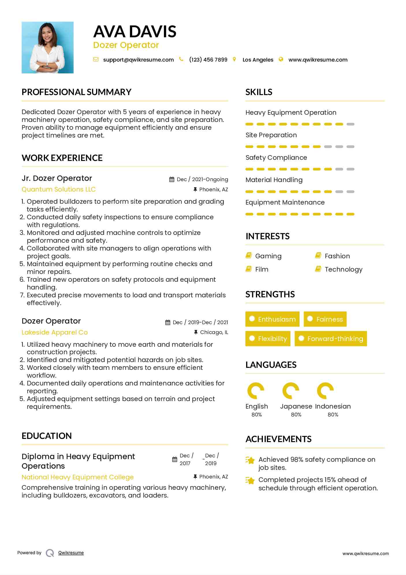 Jr. Dozer Operator Resume Format