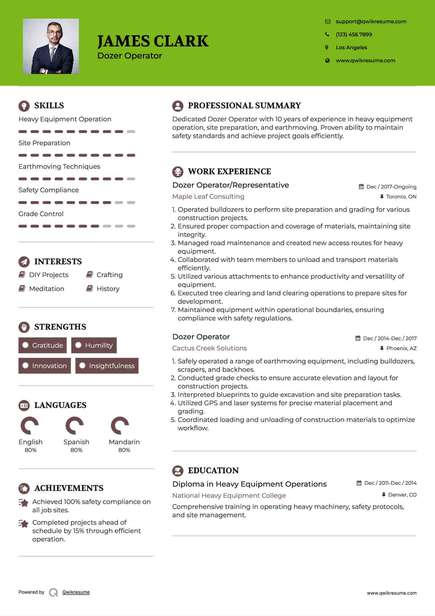 Dozer Operator/Representative Resume Format