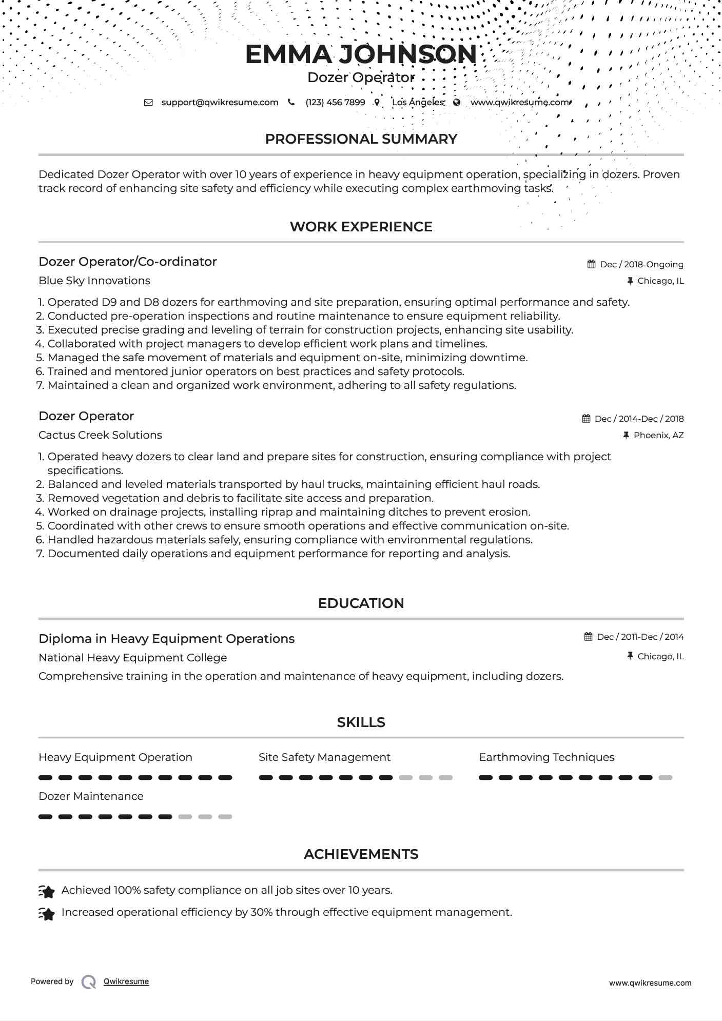 Dozer Operator/Co-ordinator Resume Example