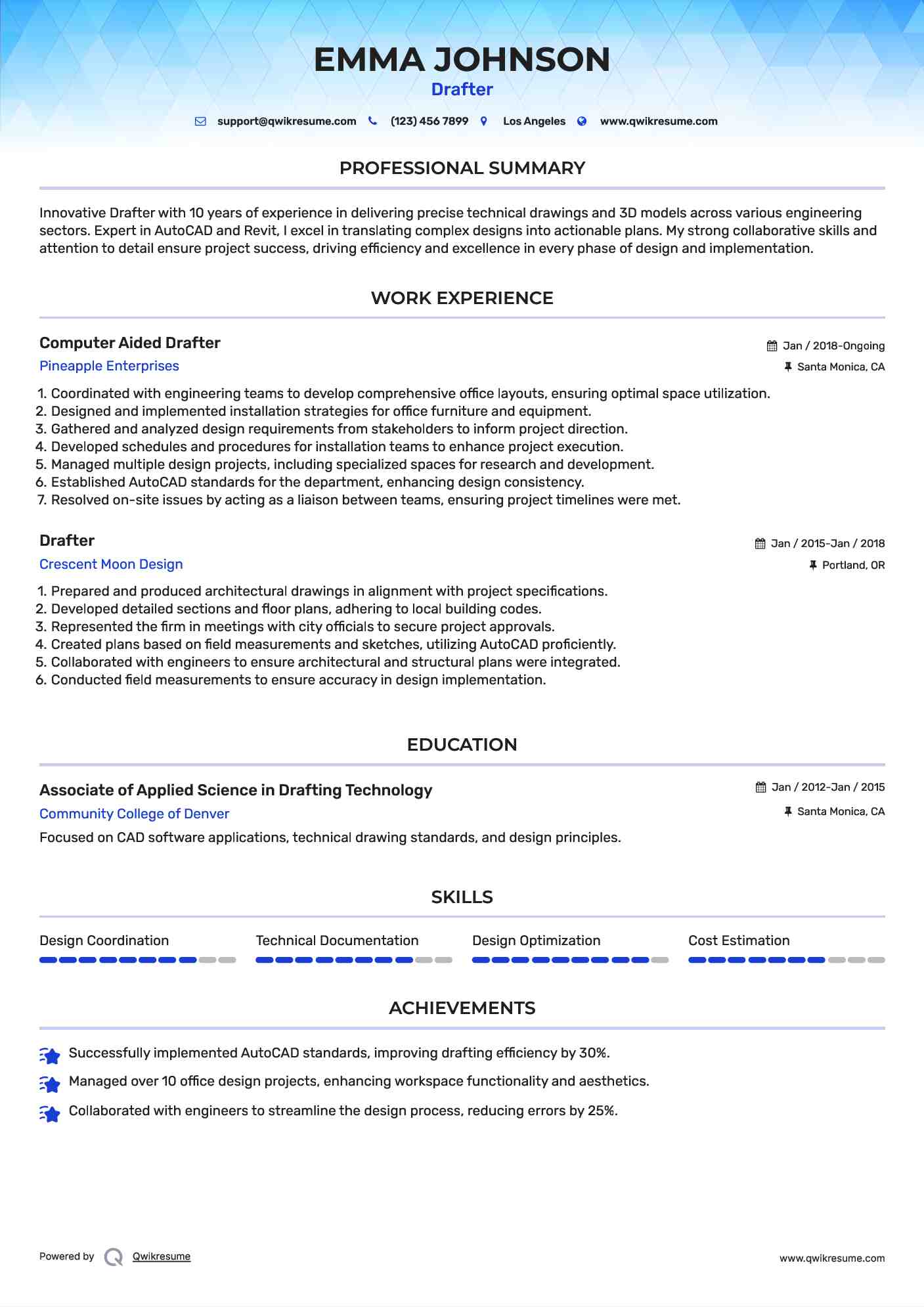 Computer Aided Drafter Resume Model