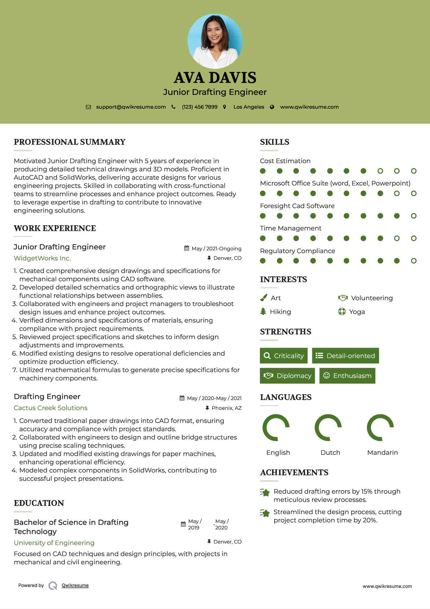 Junior Drafting Engineer Resume Example