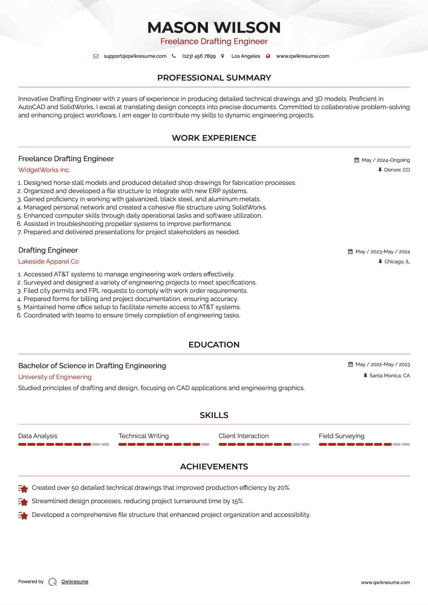 Freelance Drafting Engineer Resume Sample
