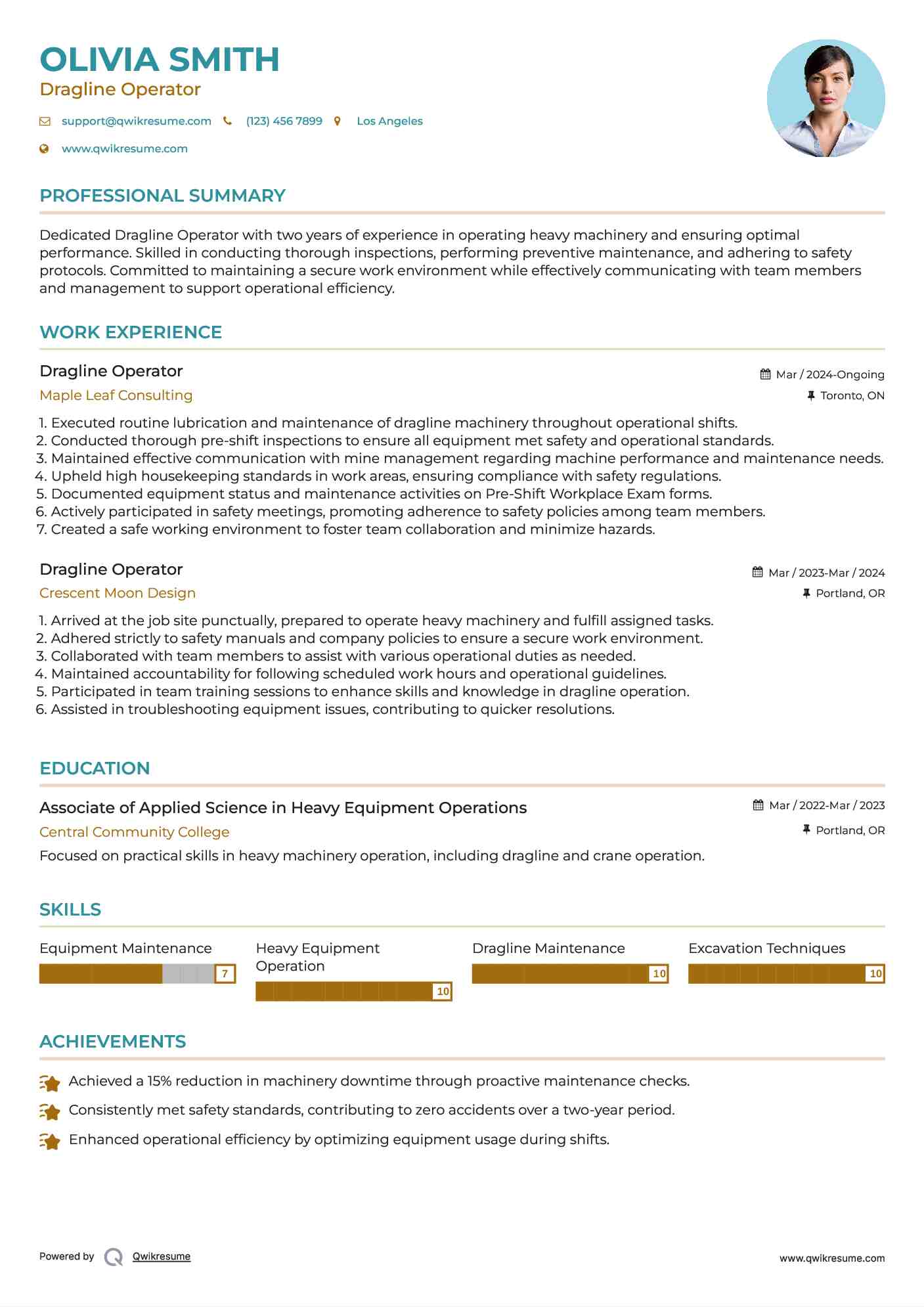 Dragline Operator Resume Model