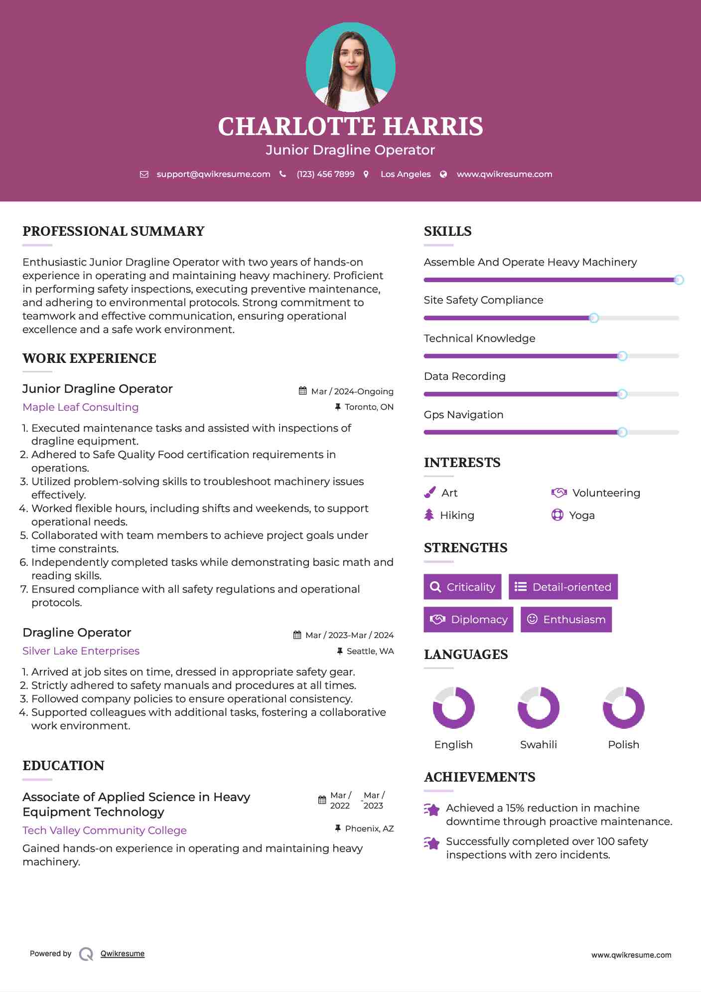 Junior Dragline Operator Resume Example