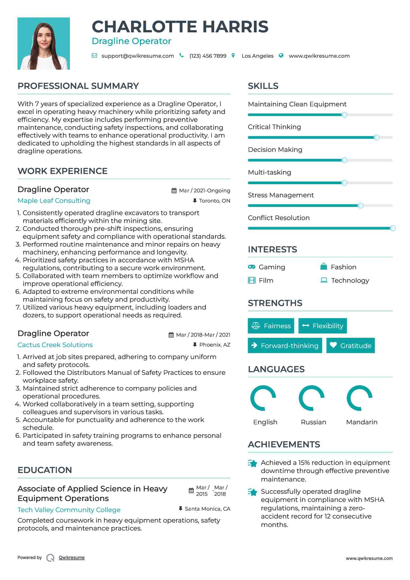 Dragline Operator Resume Model