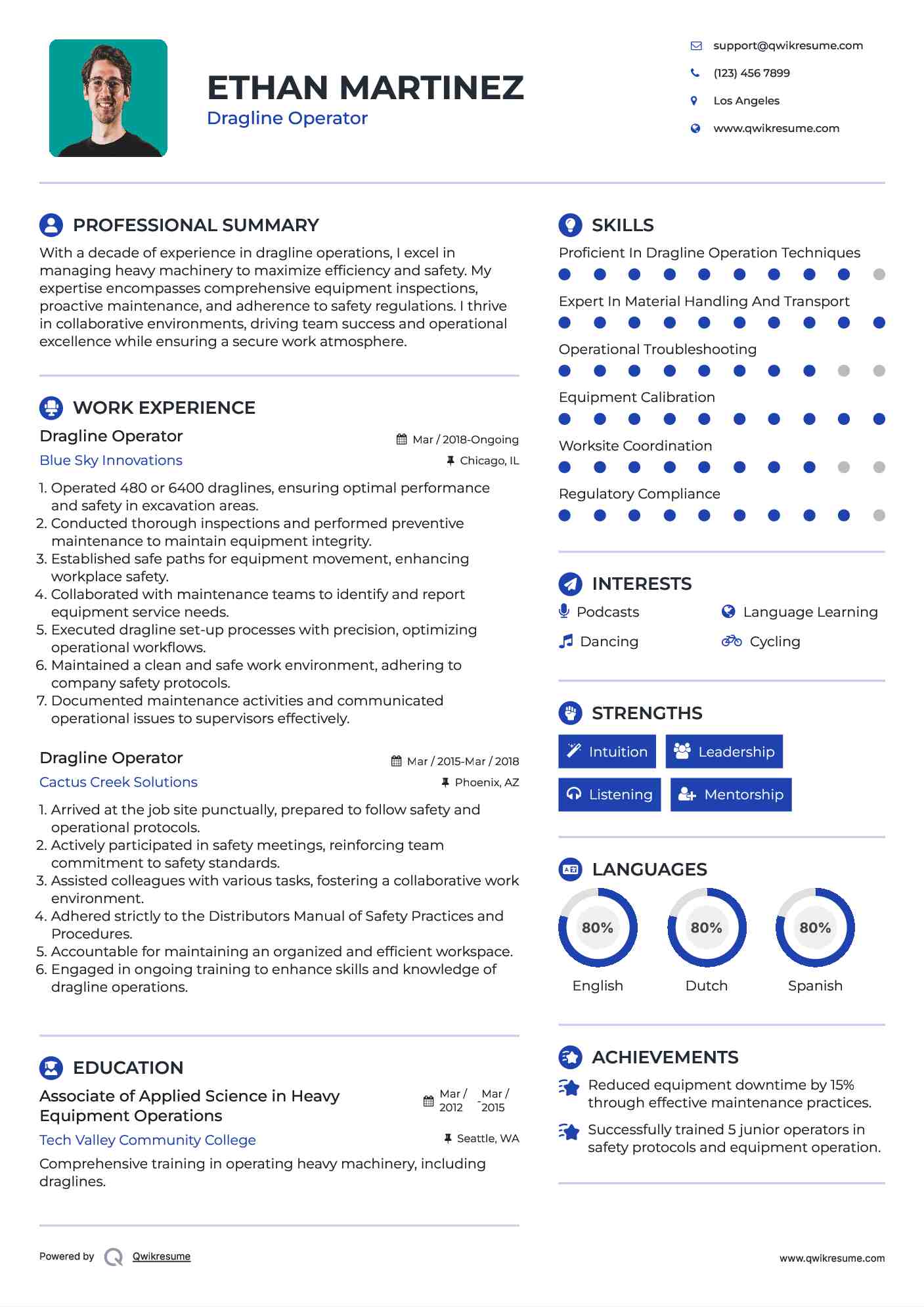 Dragline Operator Resume Sample
