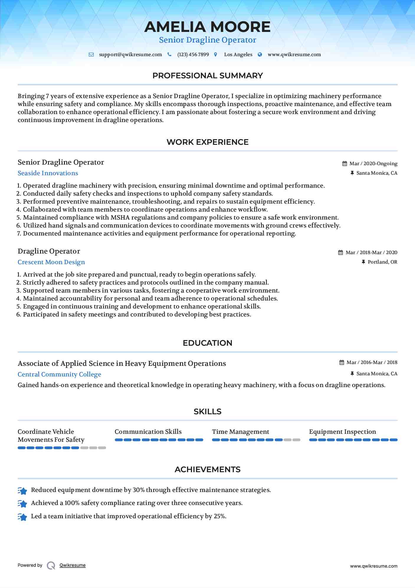 Senior Dragline Operator Resume Template