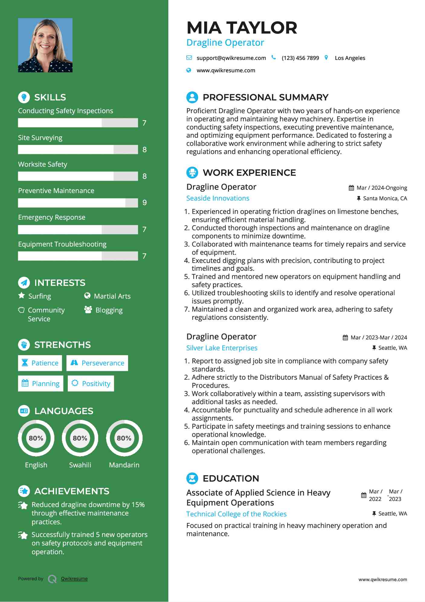Dragline Operator Resume Sample