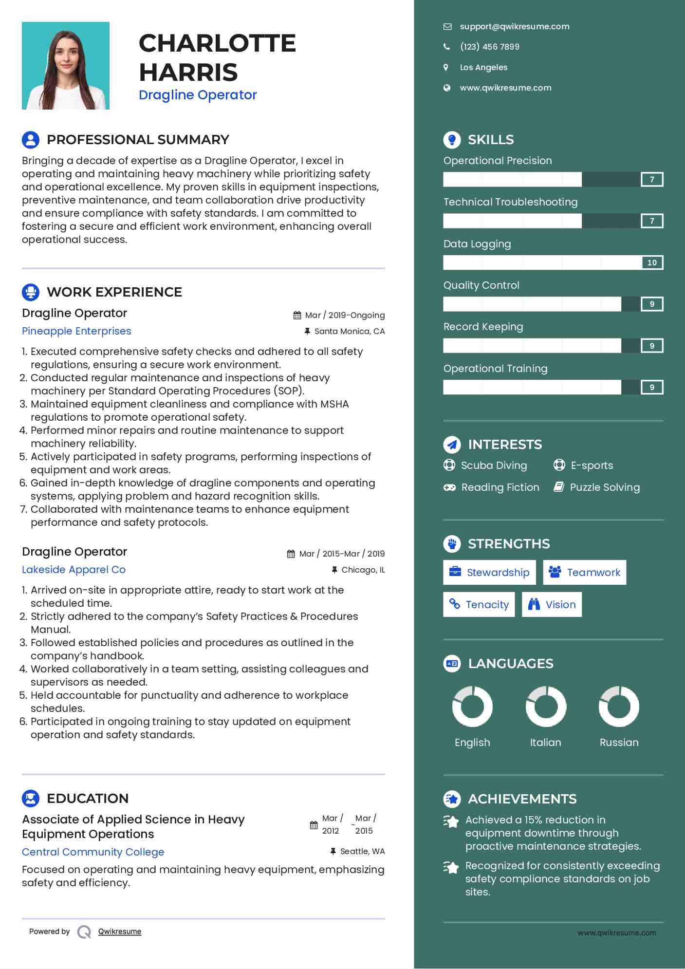 Dragline Operator Resume Example