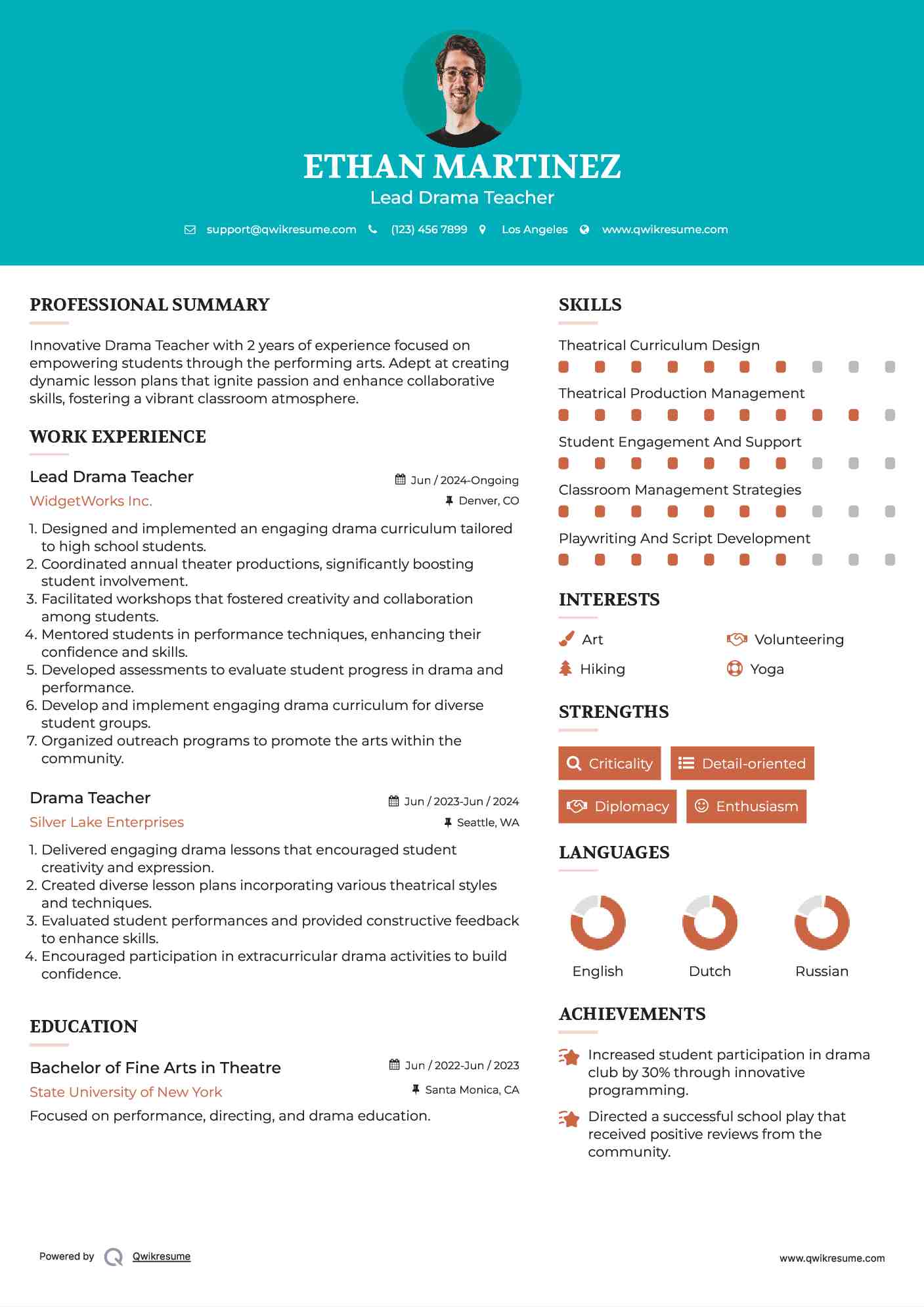 Lead Drama Teacher Resume Example