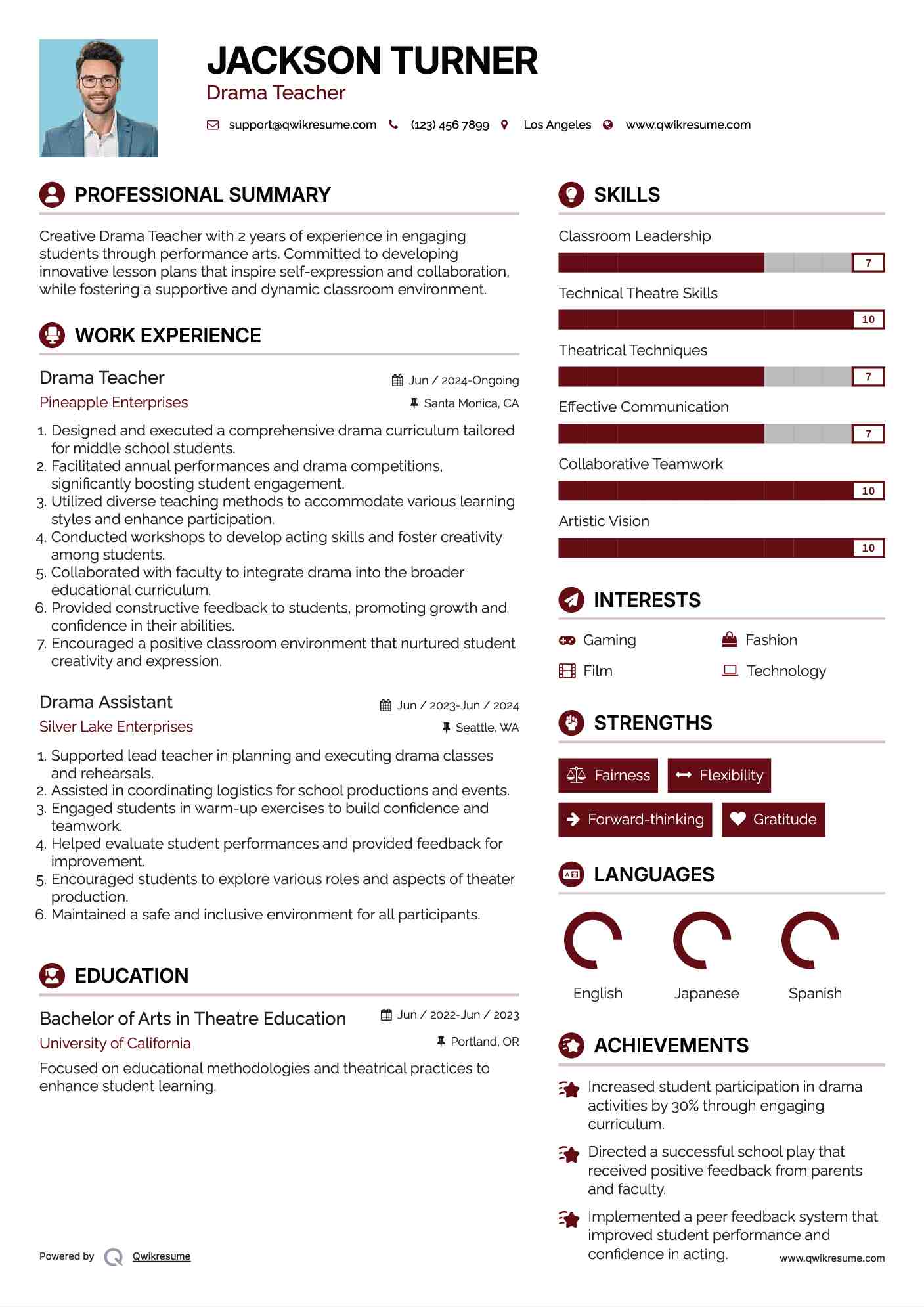 Drama Teacher Resume Model