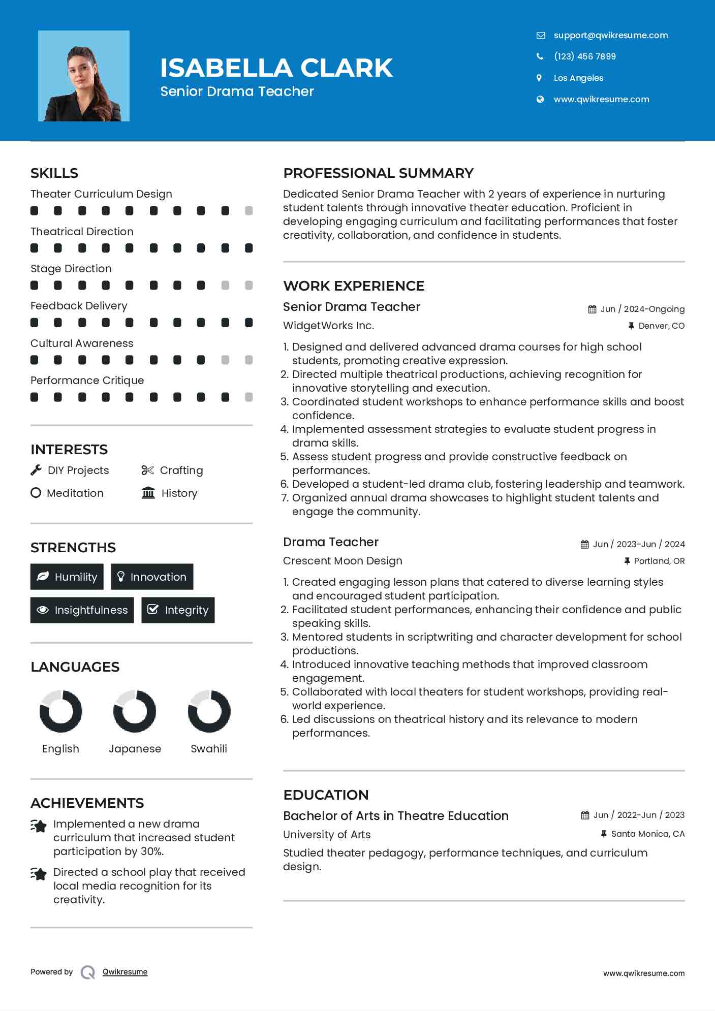 Senior Drama Teacher Resume Model