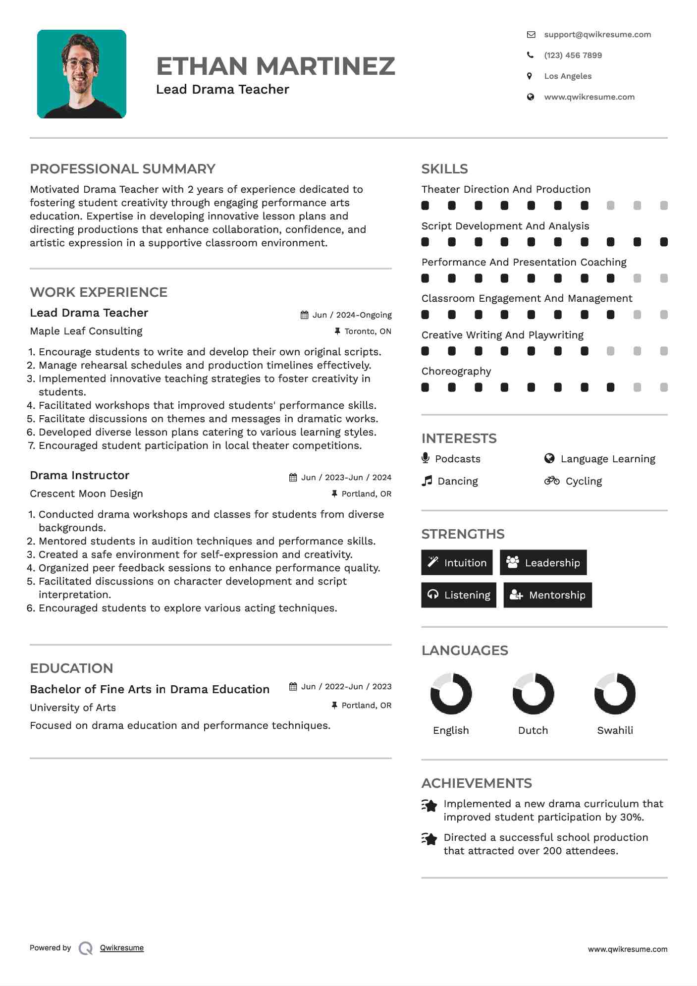 Lead Drama Teacher Resume Sample