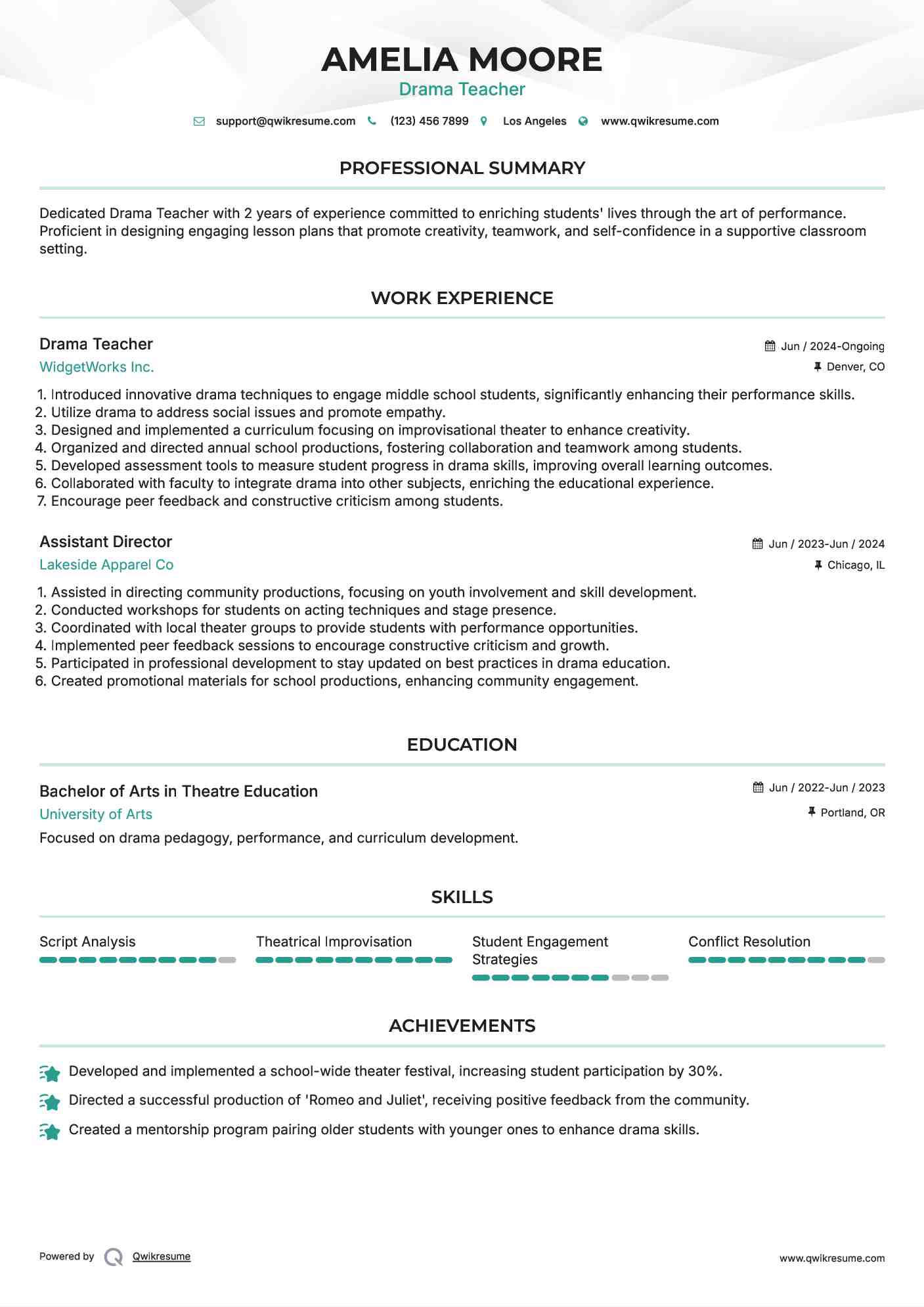 Drama Teacher Resume Model