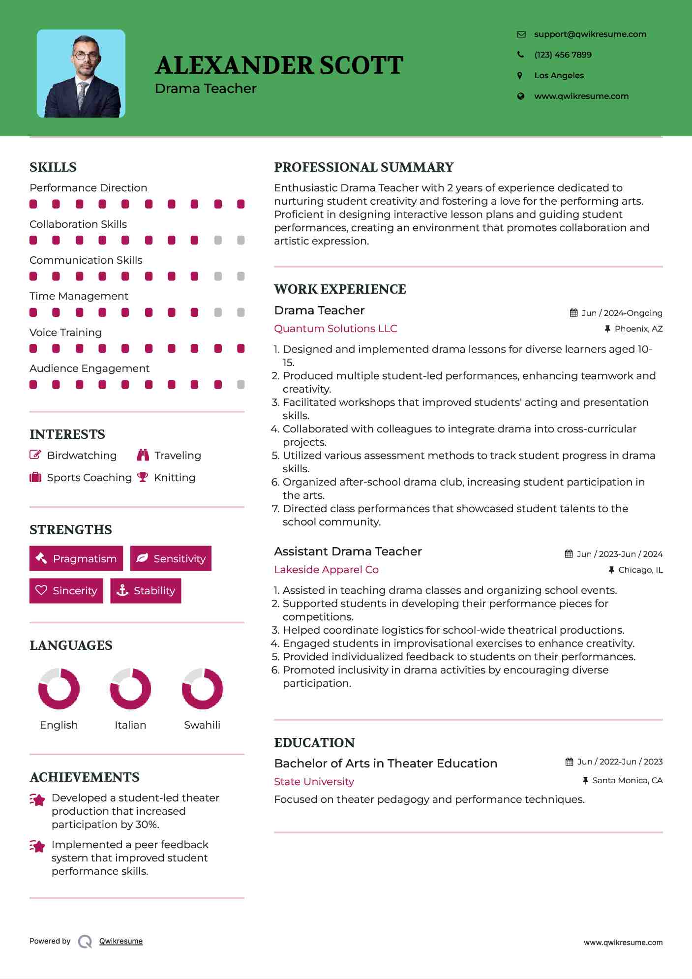 Drama Teacher Resume Example