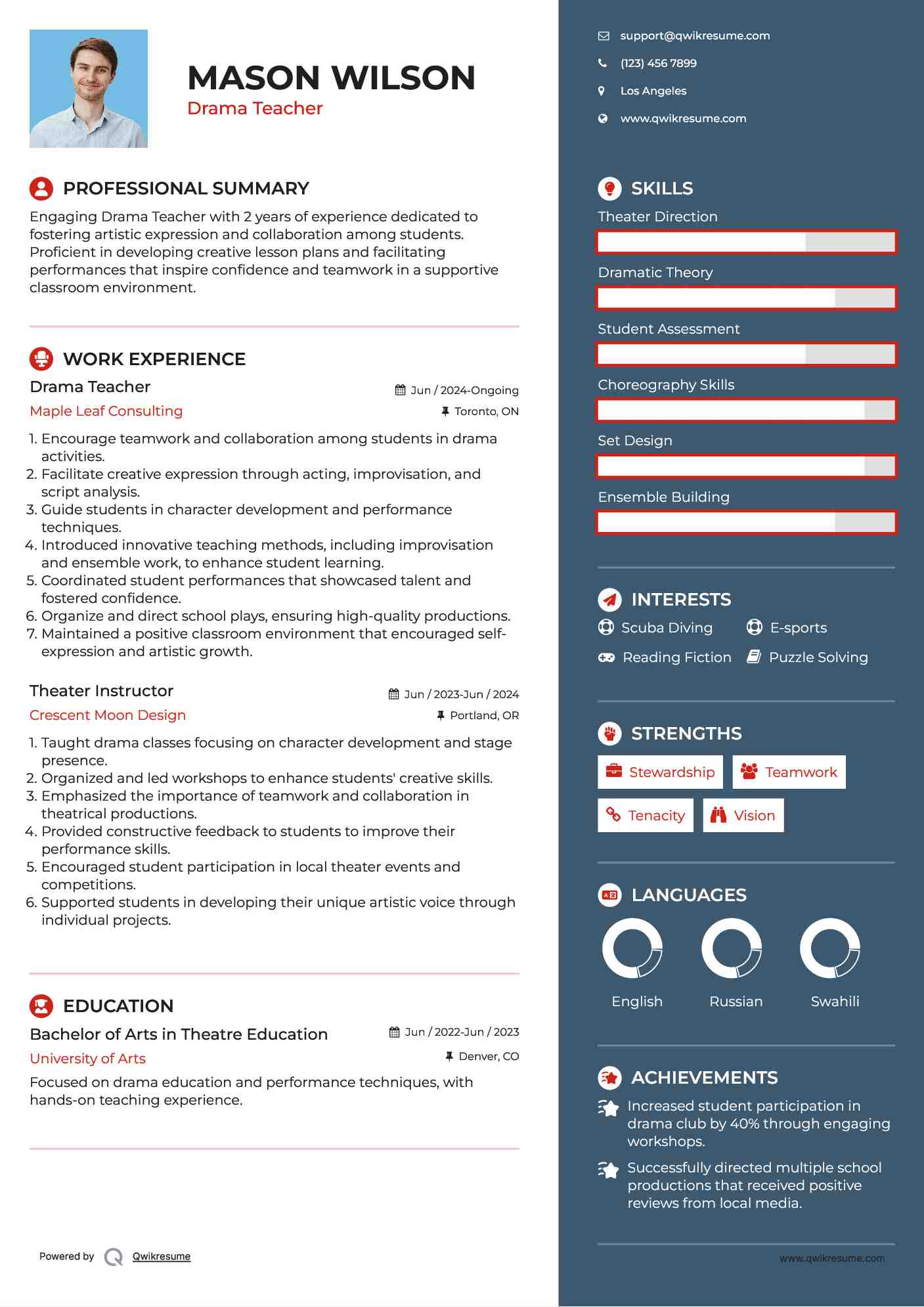 Drama Teacher Resume Sample