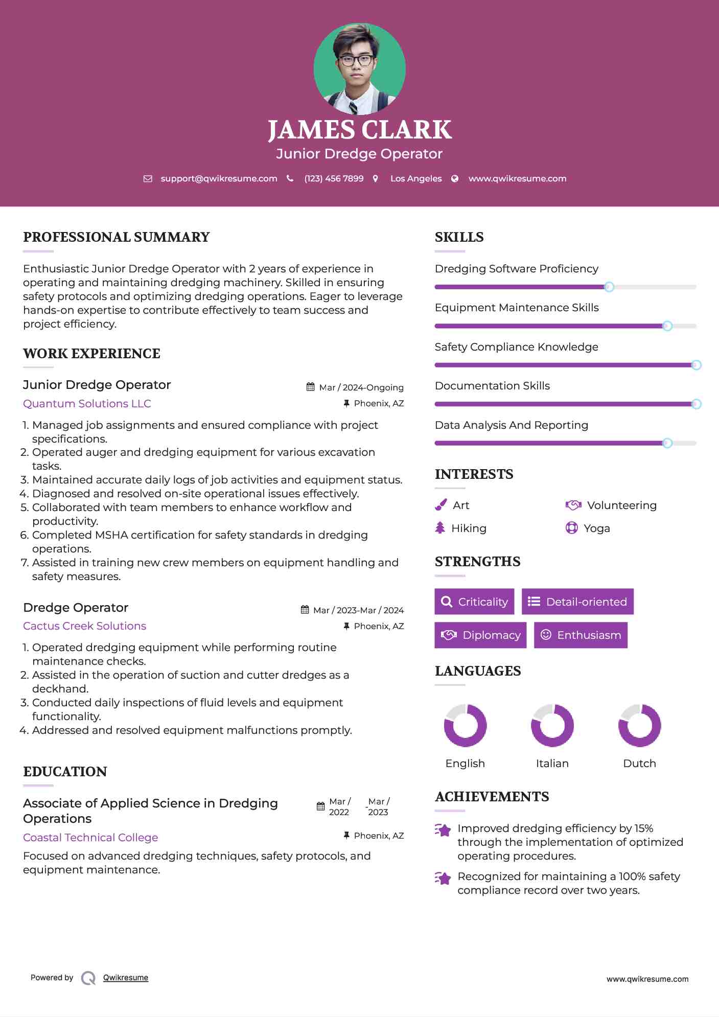 Junior Dredge Operator Resume Model