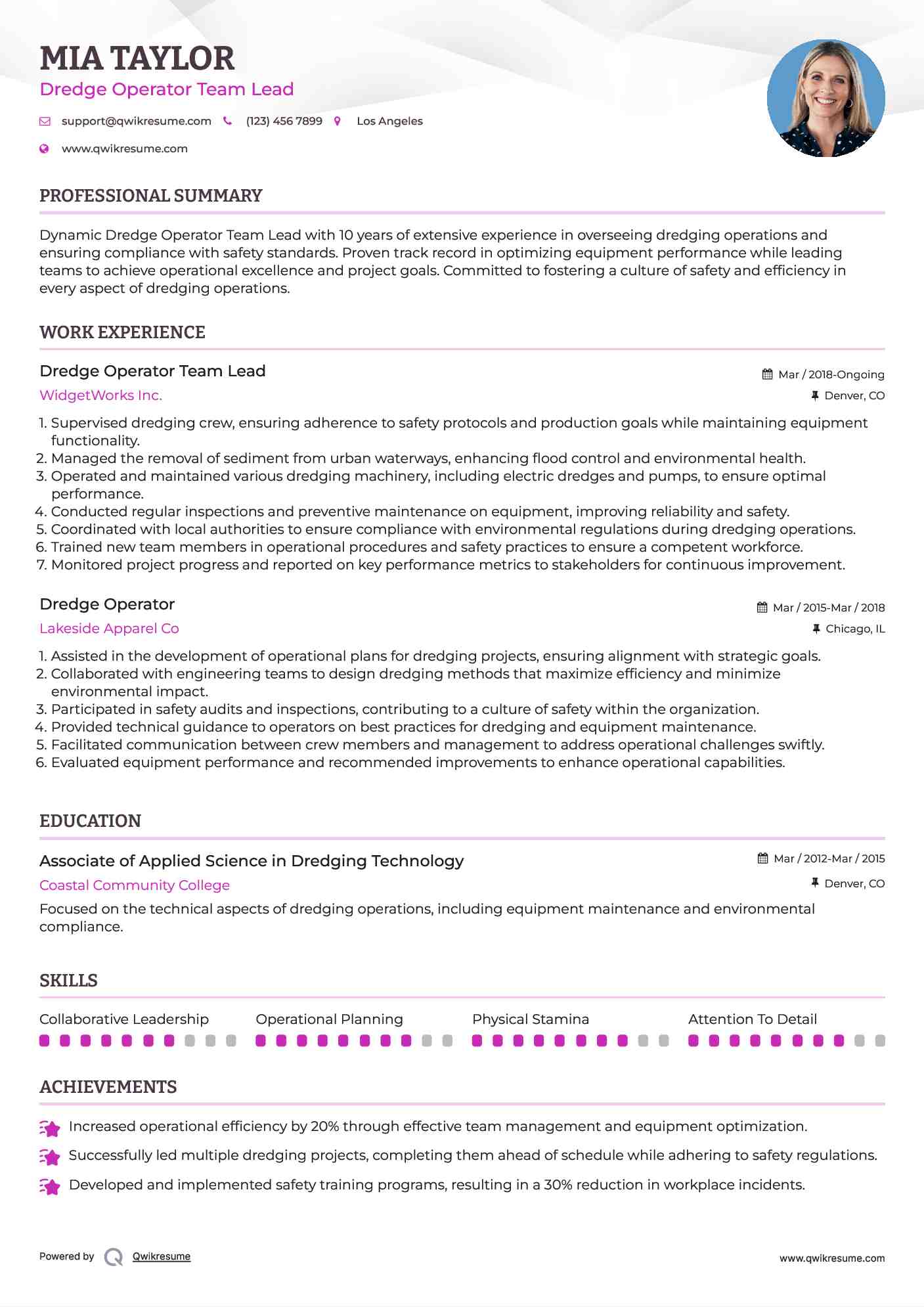 Dredge Operator Team Lead Resume Sample