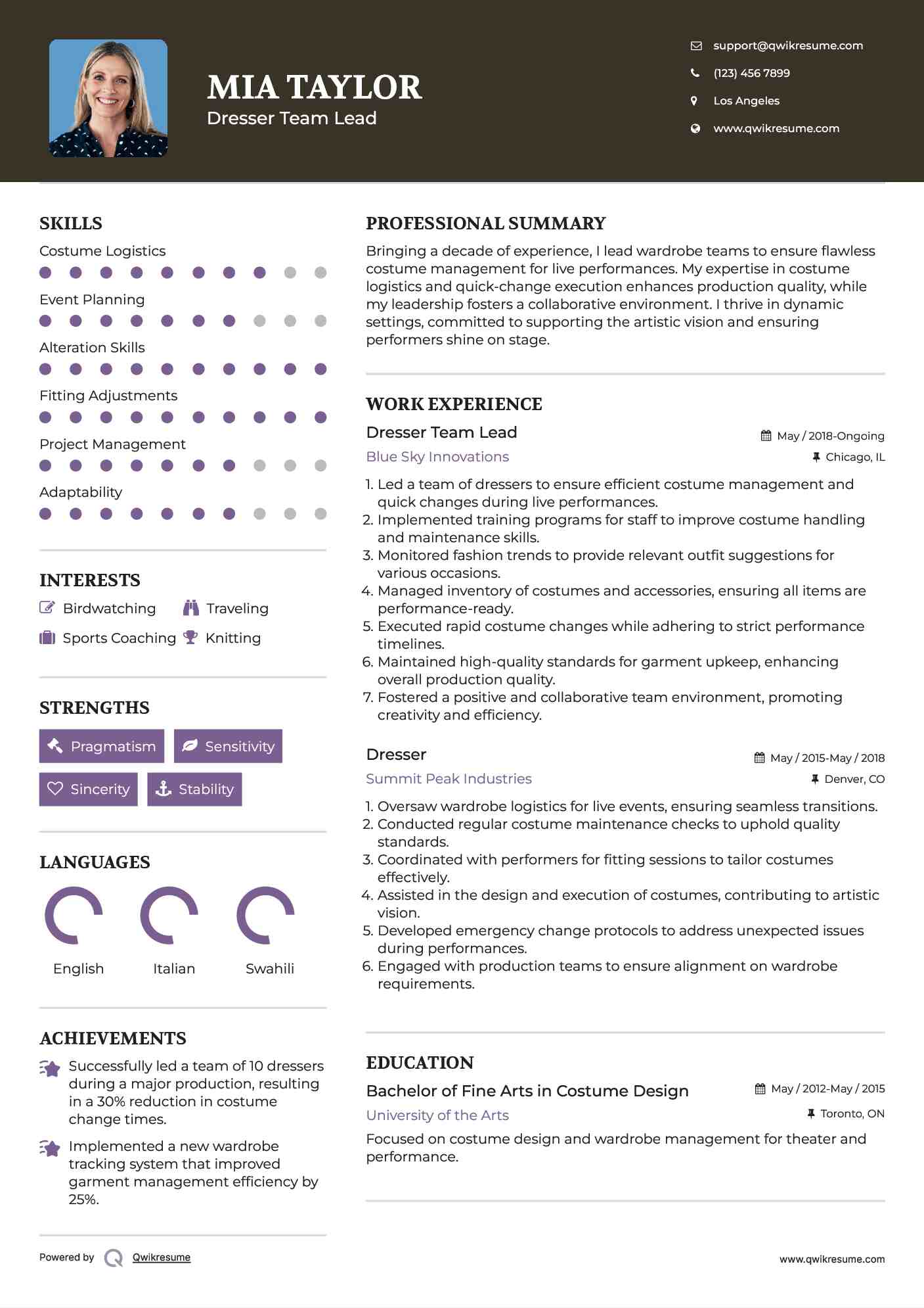 Dresser Team Lead Resume Sample