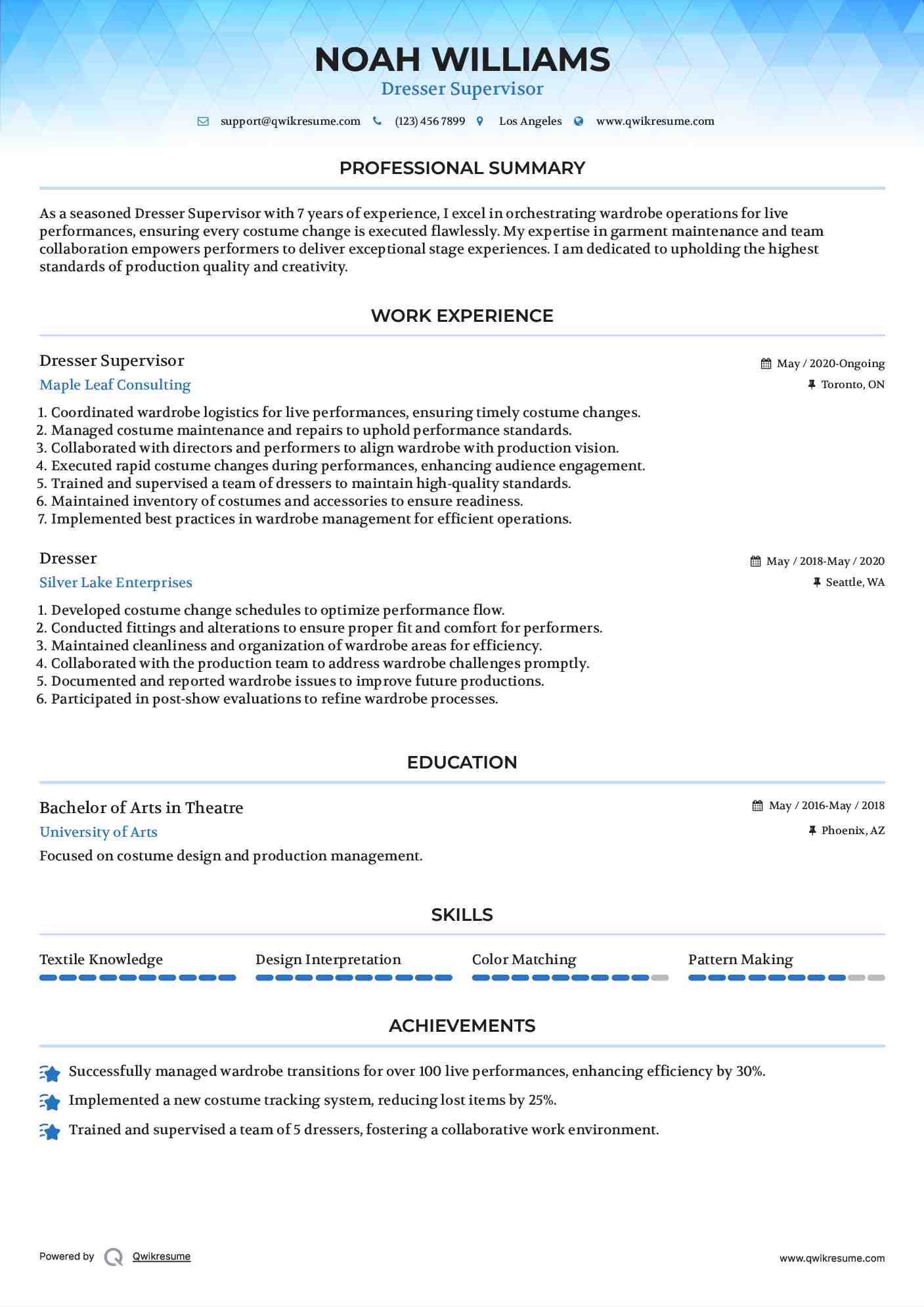Dresser Supervisor Resume Example