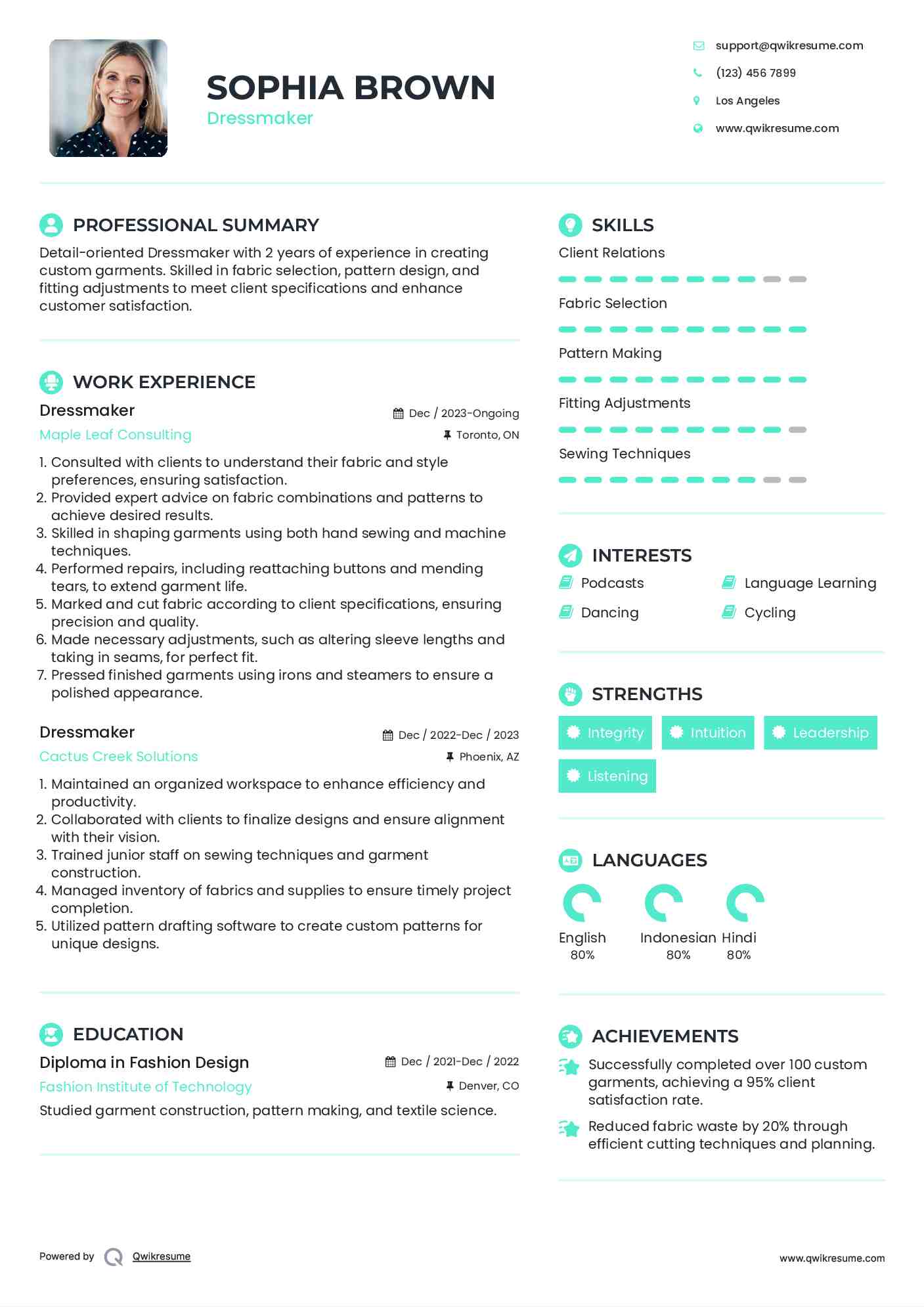 Dressmaker Resume Example