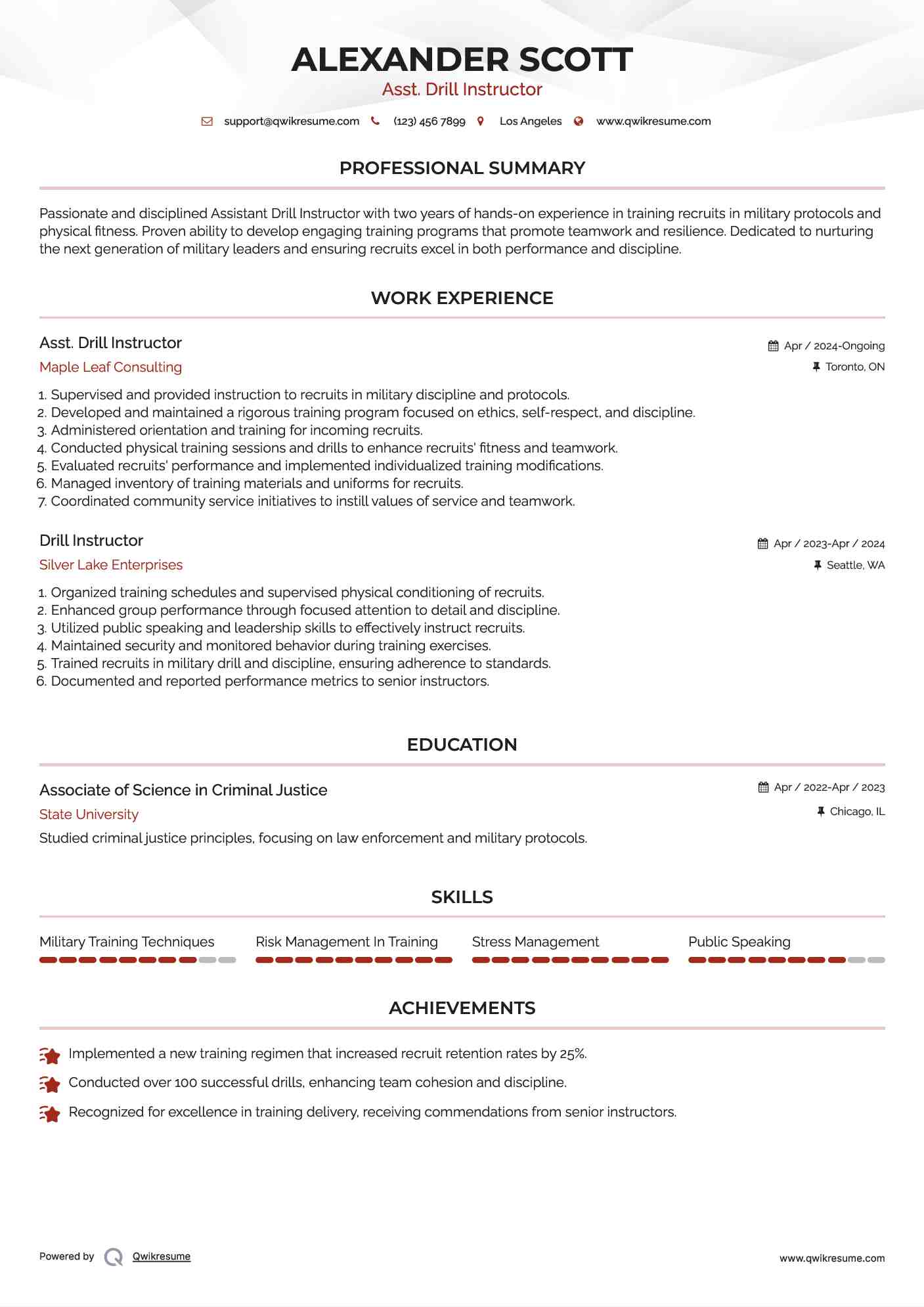 Asst. Drill Instructor Resume Model