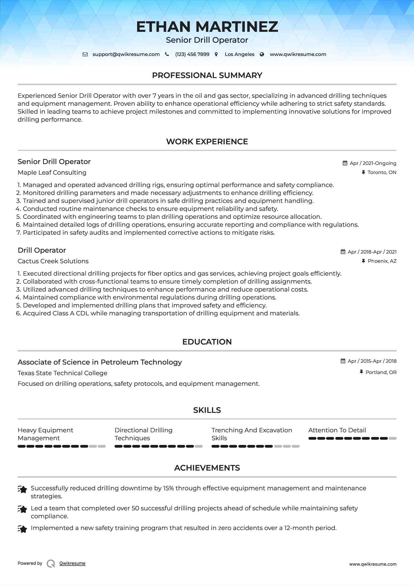 Senior Drill Operator Resume Format