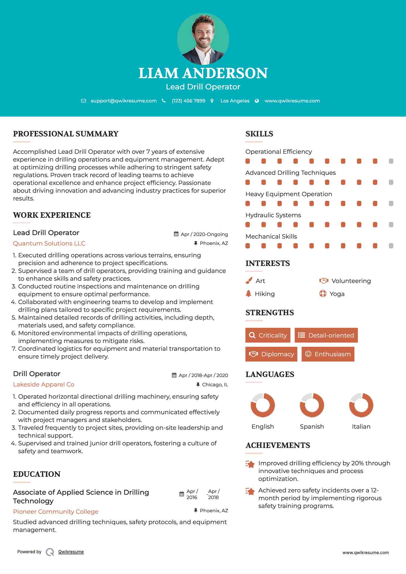 Lead Drill Operator Resume Example